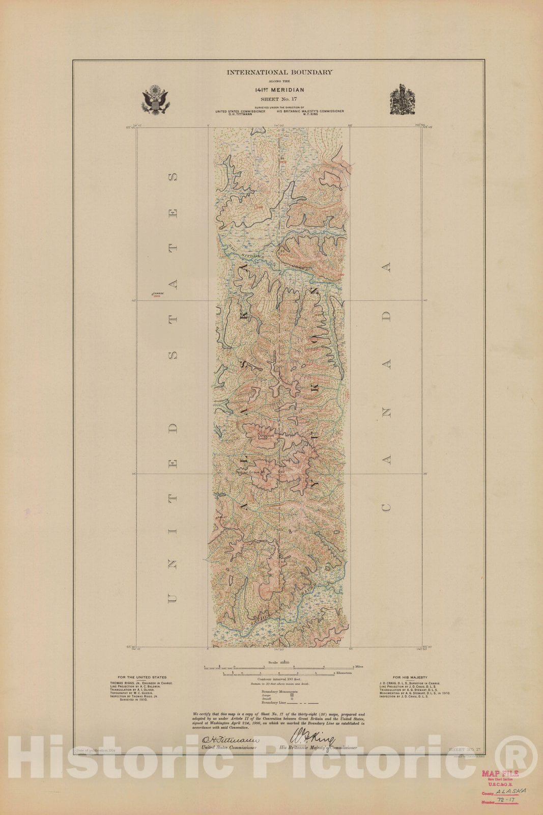 Historic Nautical Map - International Boundary, Along The 141St Meridian, Sheet No. 17, AK, 1914 NOAA Topographic - Vintage Wall Art