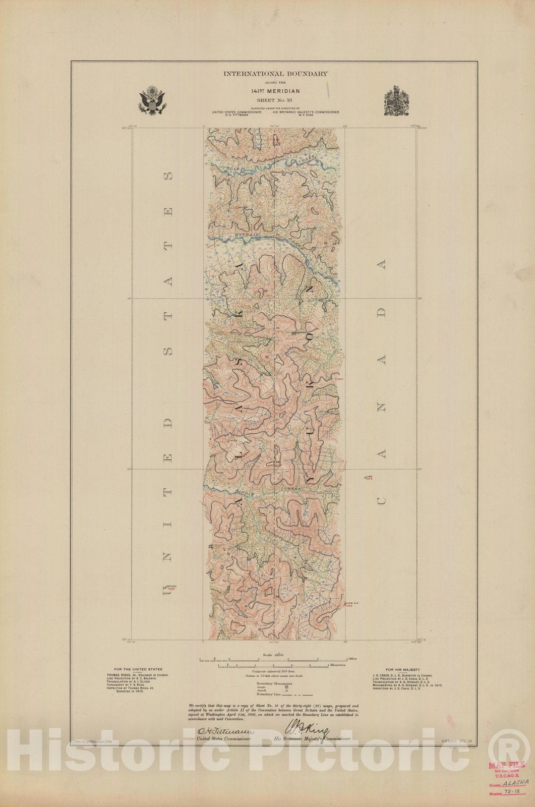 Historic Nautical Map - International Boundary, Along The 141St Meridian, Sheet No.18, AK, 1914 NOAA Topographic - Vintage Wall Art