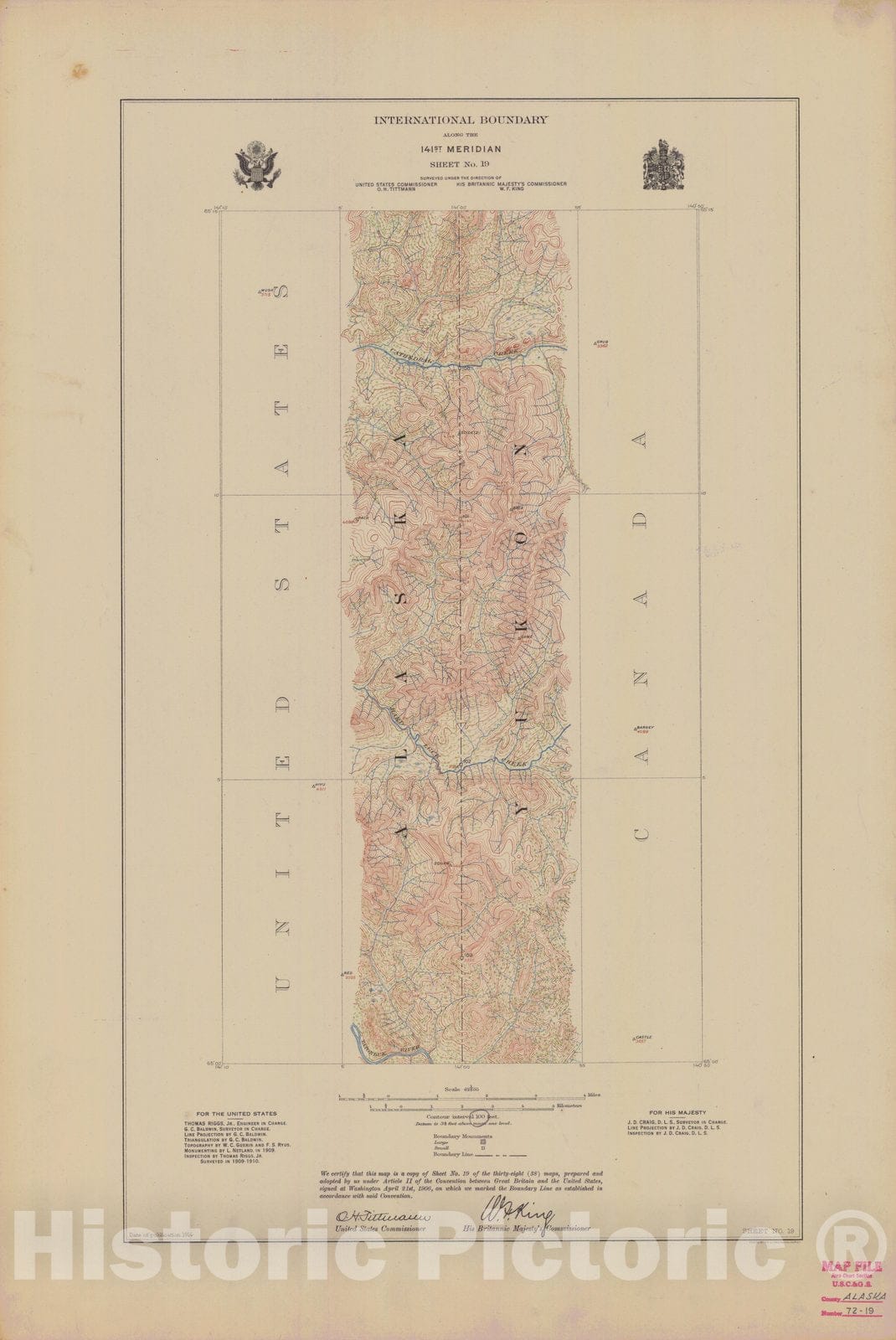 Historic Nautical Map - International Boundary, Along The 141St Meridian, Sheet No.19, AK, 1914 NOAA Topographic - Vintage Wall Art