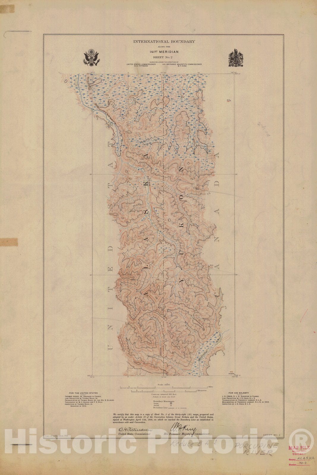 Historic Nautical Map - International Boundary, Along The 141St Meridian, Sheet No. 2, AK, 1914 NOAA Topographic - Vintage Wall Art