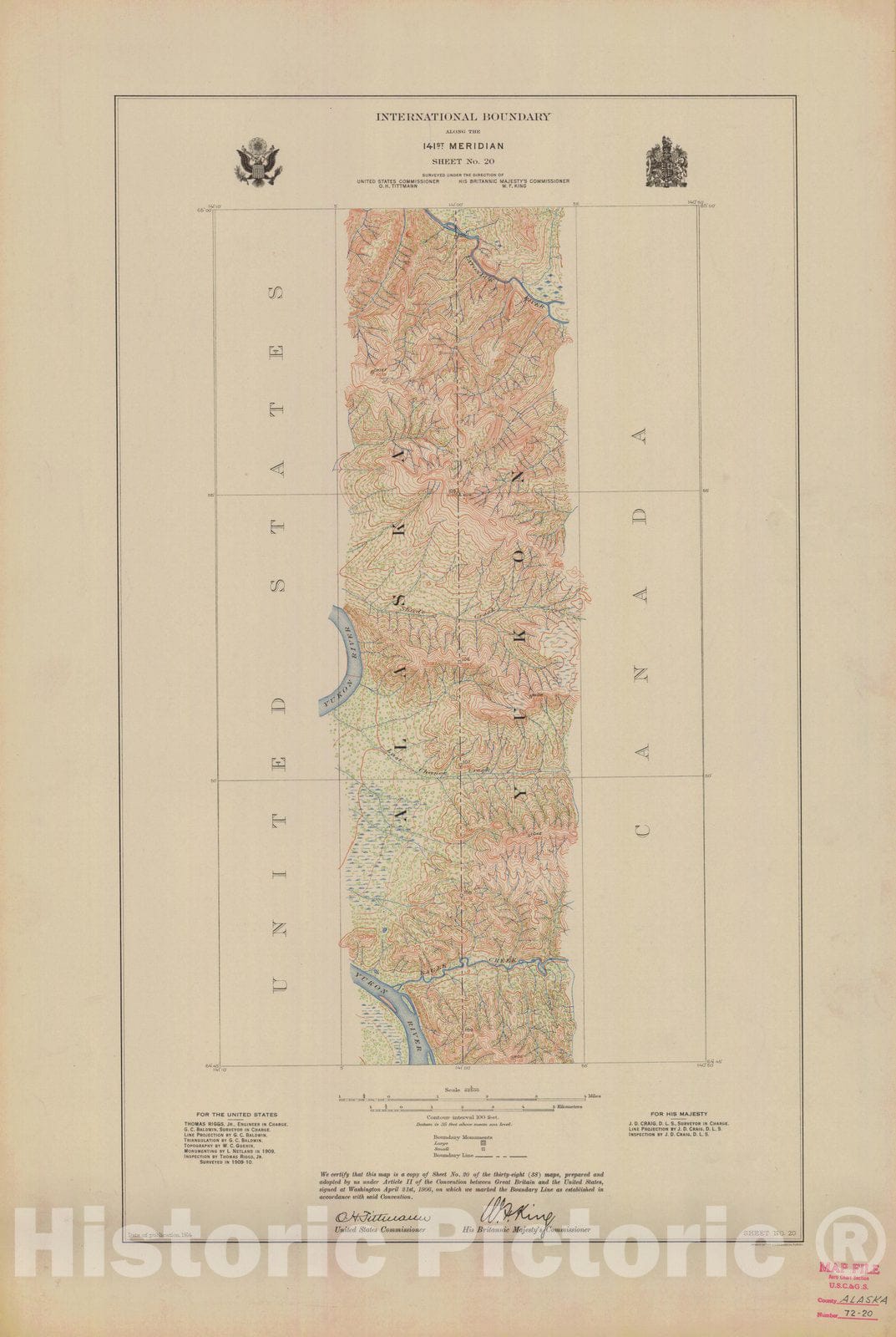 Historic Nautical Map - International Boundary, Along The 141St Meridian, Sheet No.20, AK, 1914 NOAA Topographic - Vintage Wall Art