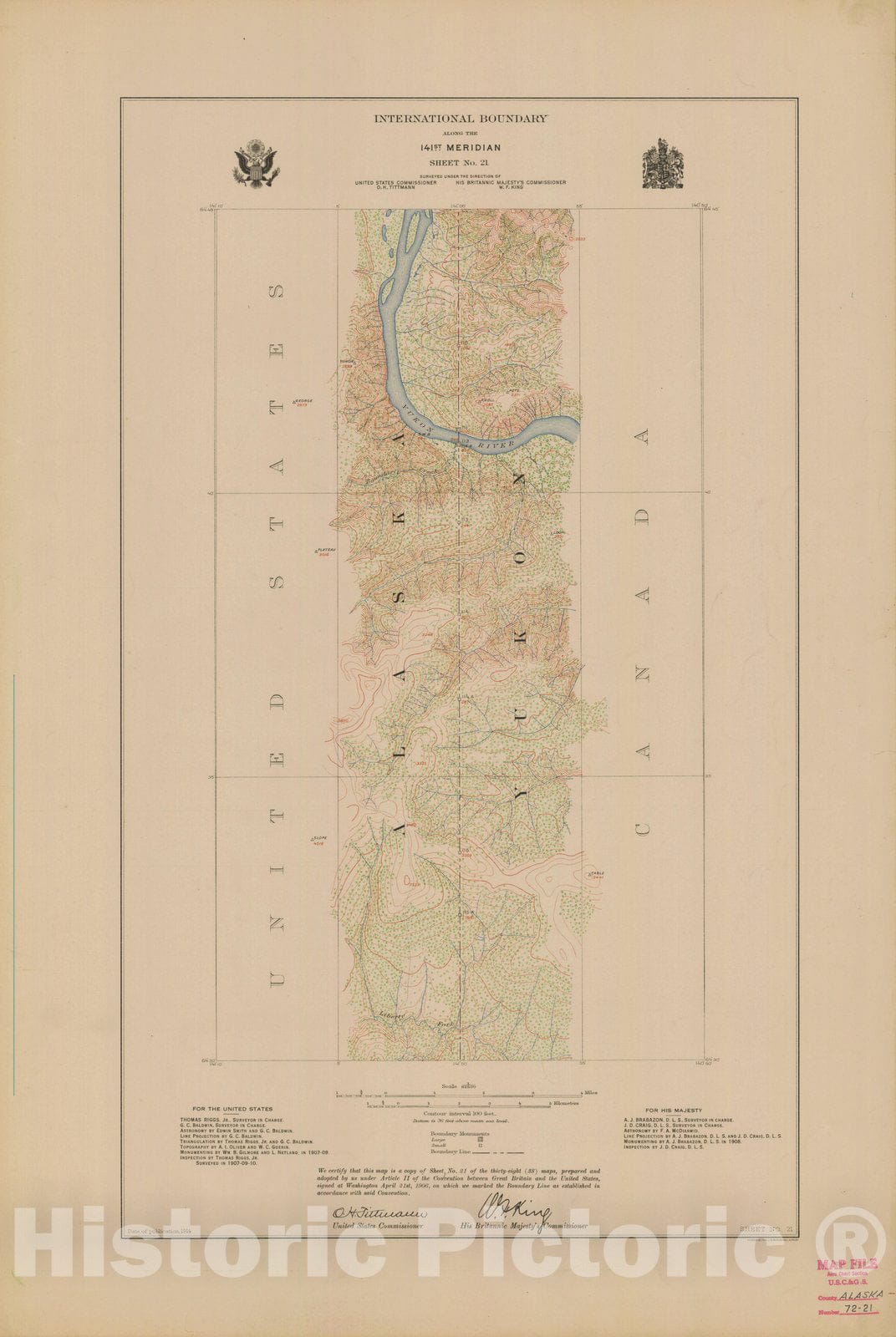 Historic Nautical Map - International Boundary, Along The 141St Meridian, Sheet No. 21, AK, 1914 NOAA Topographic - Vintage Wall Art