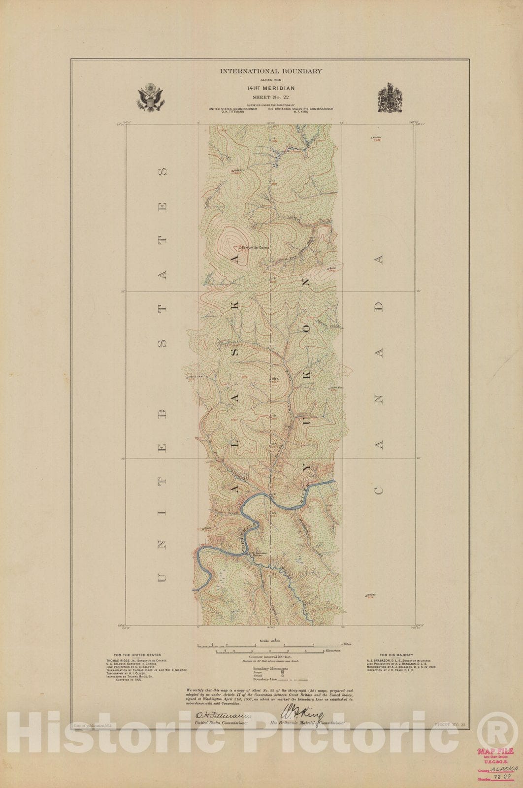 Historic Nautical Map - International Boundary, Along The 141St Meridian, Sheet No. 22, AK, 1914 NOAA Topographic - Vintage Wall Art