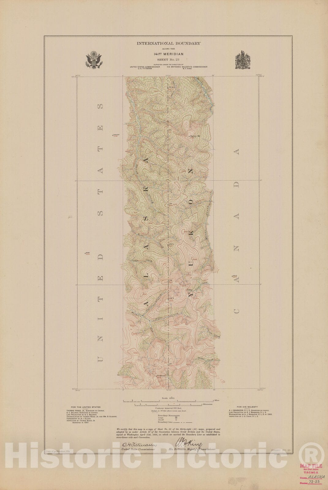 Historic Nautical Map - International Boundary, Along The 141St Meridian, Sheet No. 23, AK, 1914 NOAA Topographic - Vintage Wall Art