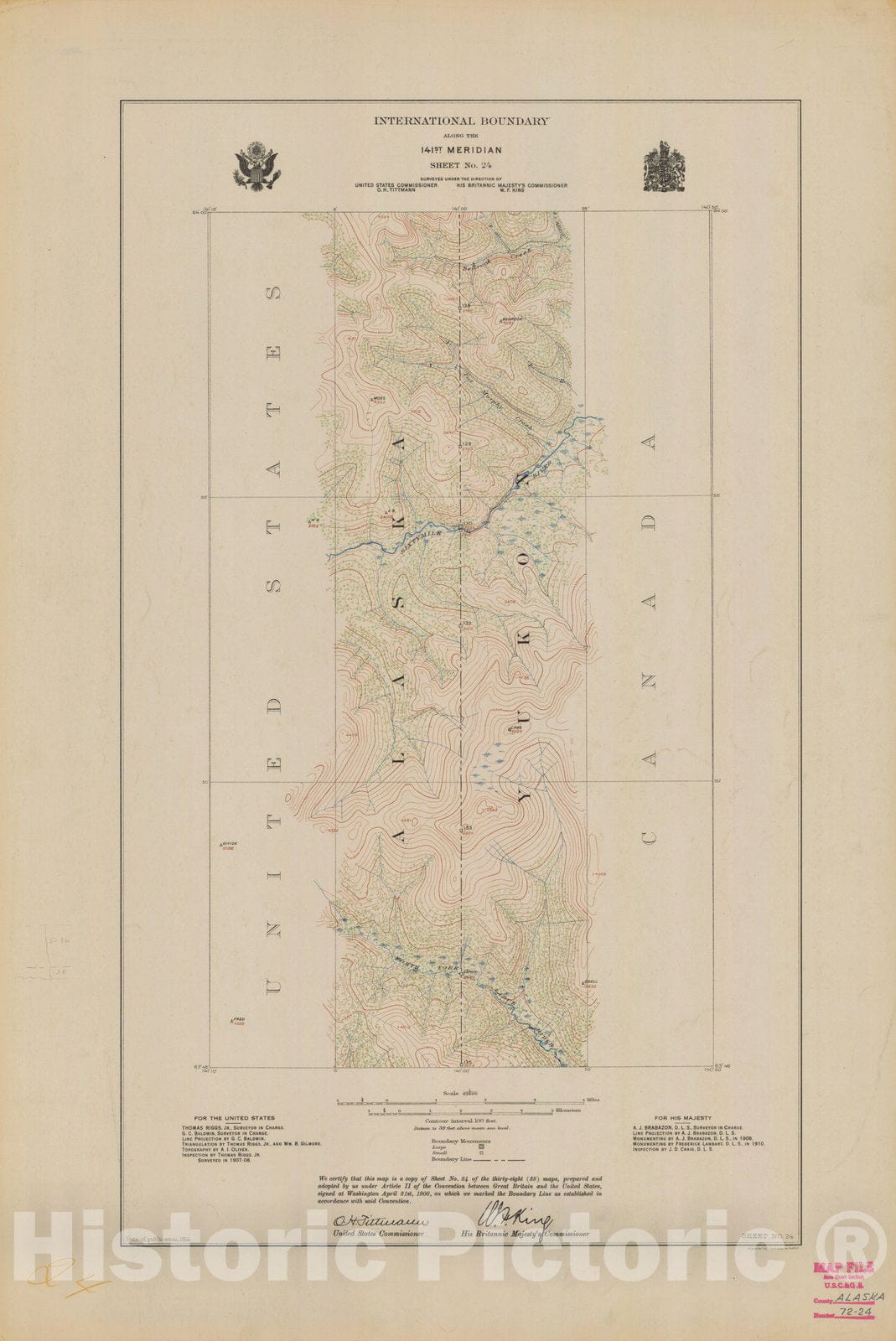 Historic Nautical Map - International Boundary, Along The 141St Meridian, Sheet No. 24, AK, 1914 NOAA Topographic - Vintage Wall Art