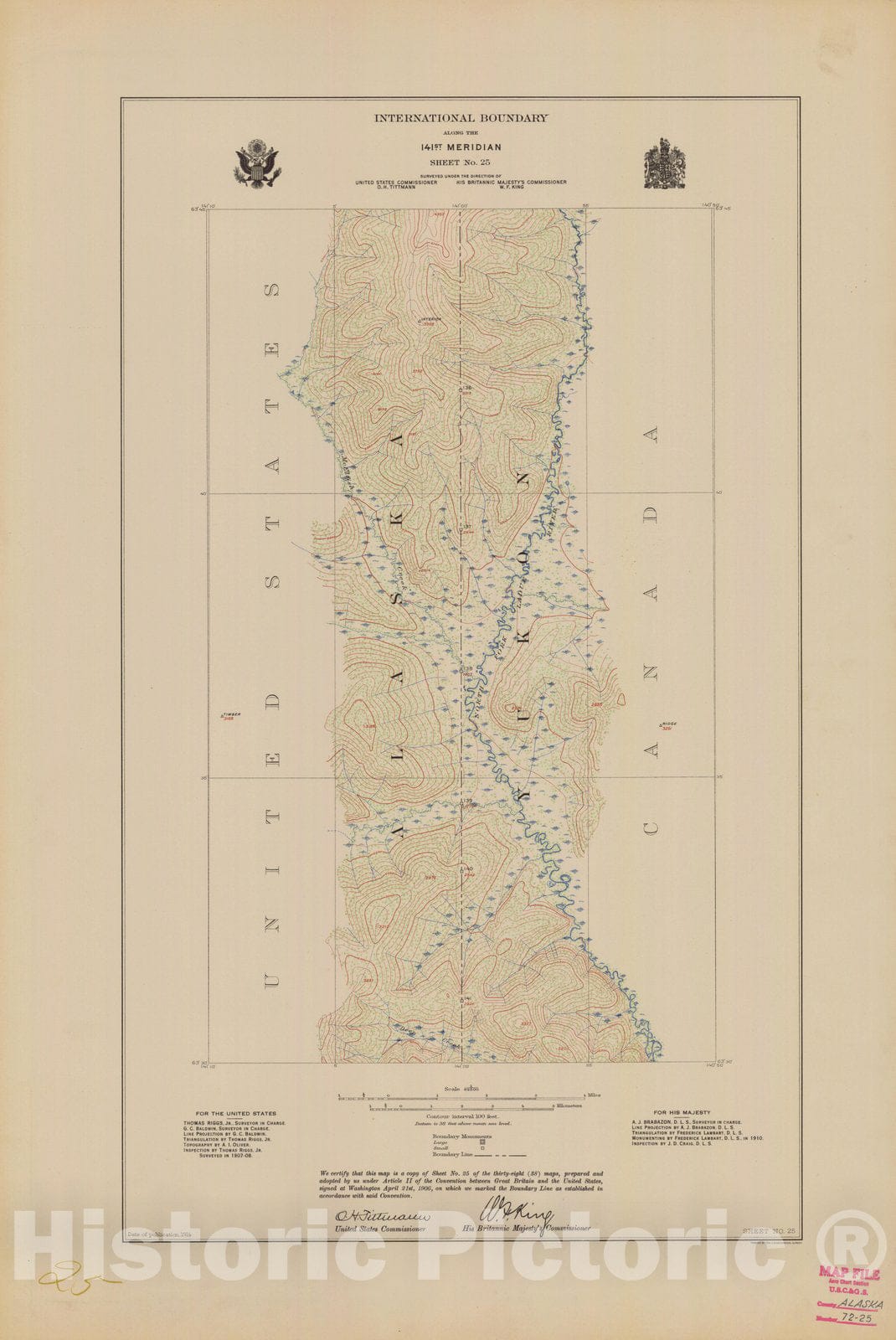 Historic Nautical Map - International Boundary, Along The 141St Meridian, Sheet No. 25, AK, 1914 NOAA Topographic - Vintage Wall Art