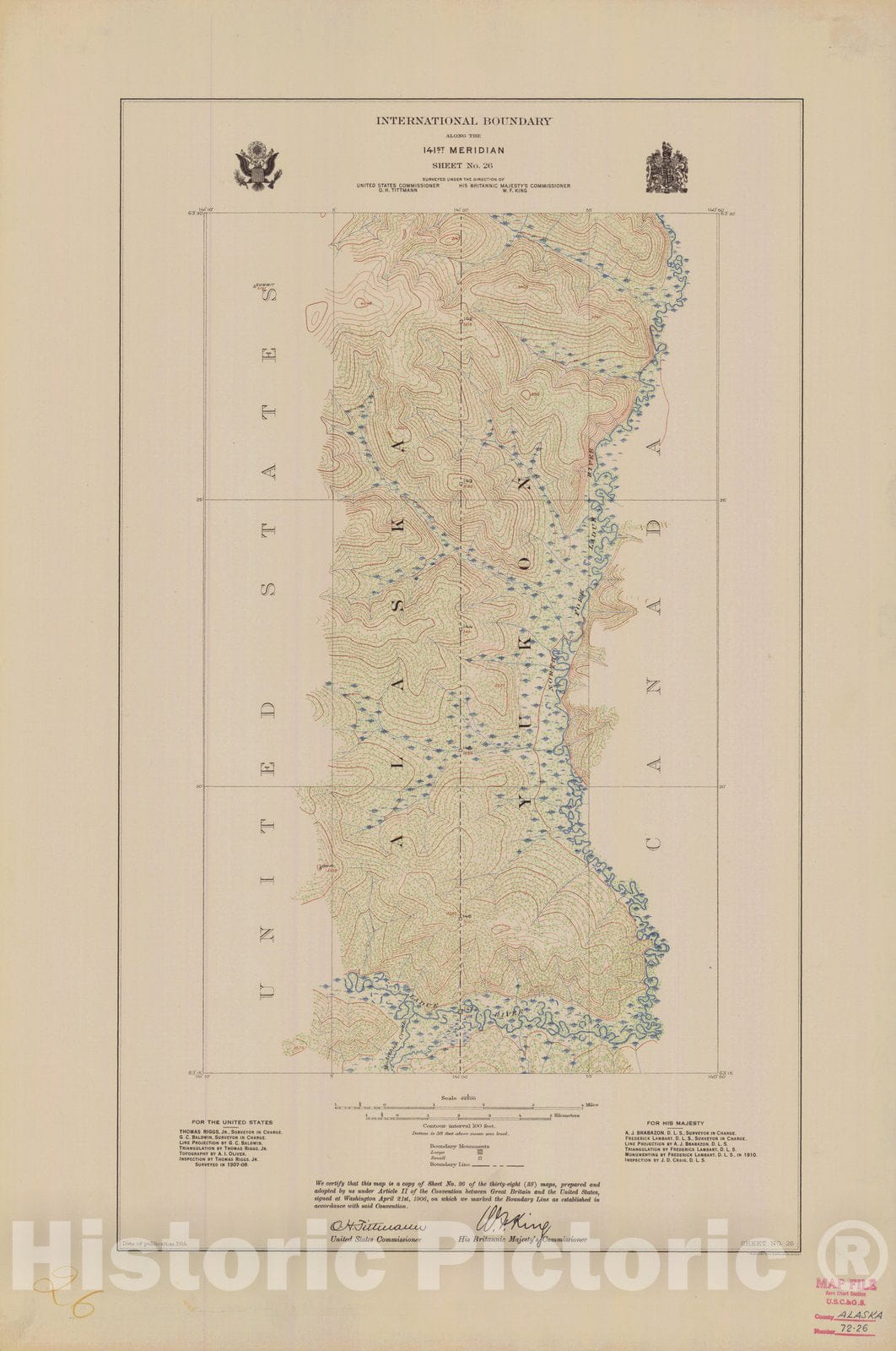 Historic Nautical Map - International Boundary, Along The 141St Meridian, Sheet No. 26, AK, 1914 NOAA Topographic - Vintage Wall Art