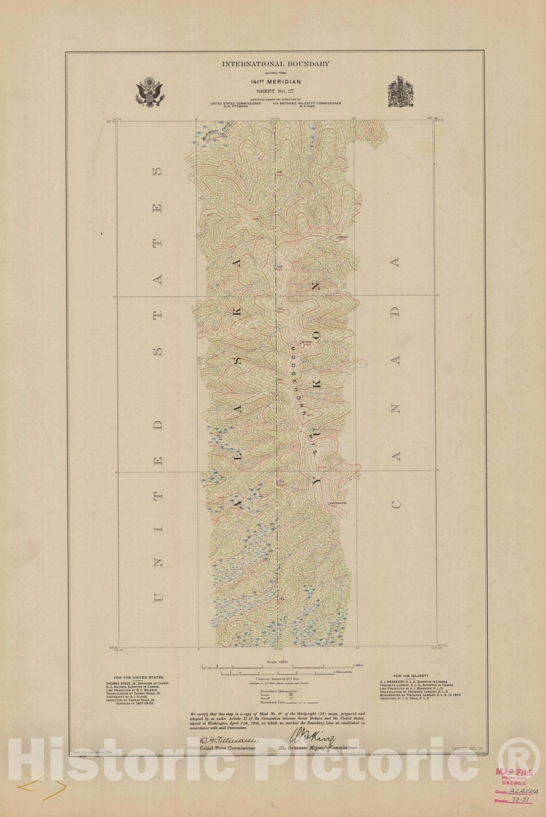 Historic Nautical Map - International Boundary, Along The 141St Meridian, Sheet No.27, AK, 1914 NOAA Topographic - Vintage Wall Art