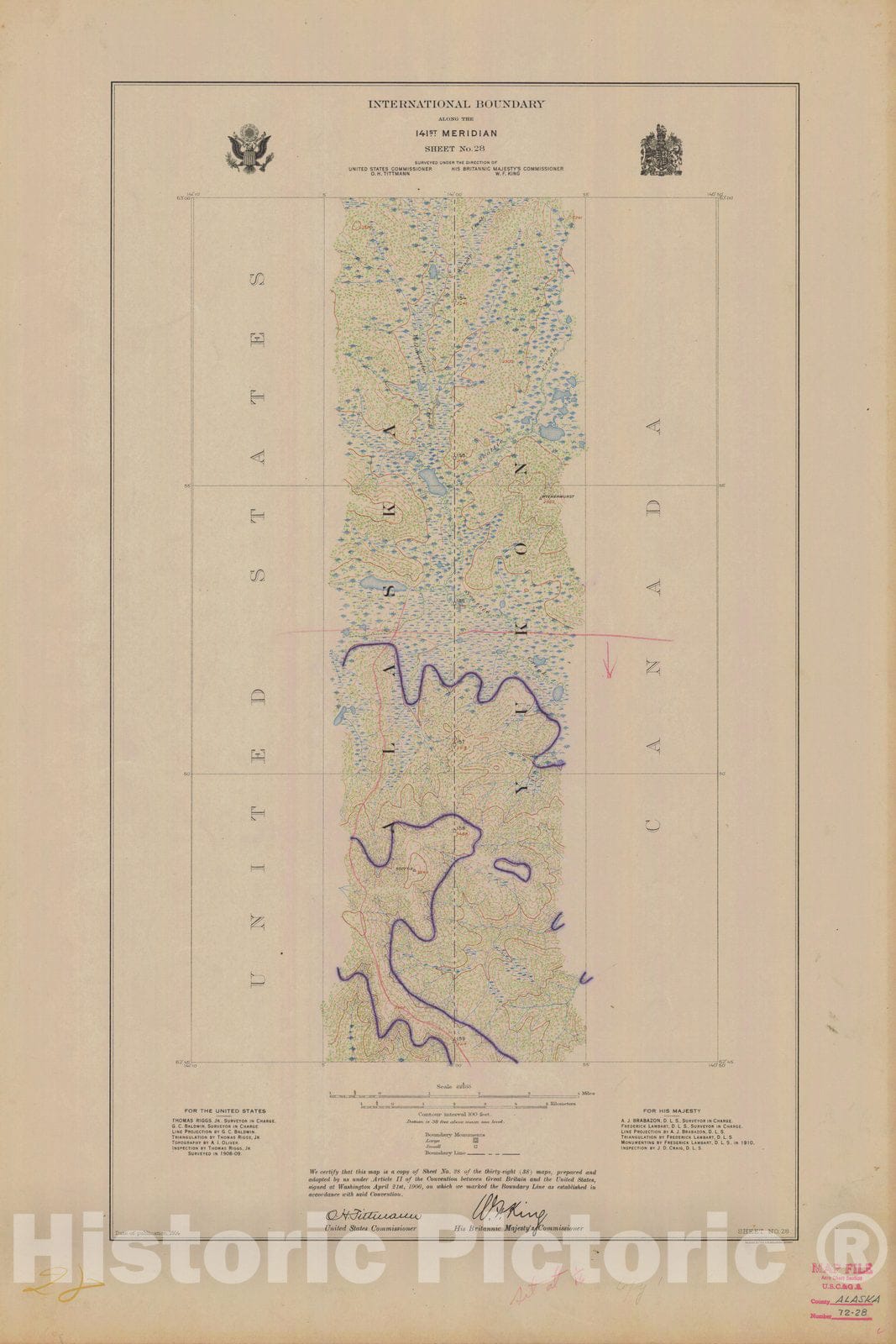 Historic Nautical Map - International Boundary, Along The 141St Meridian, Sheet No.28, AK, 1914 NOAA Topographic - Vintage Wall Art