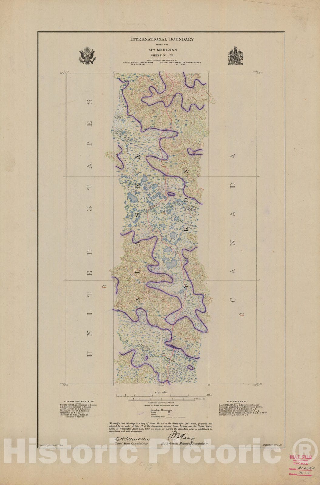 Historic Nautical Map - International Boundary, Along The 141St Meridian, Sheet No. 29, AK, 1914 NOAA Topographic - Vintage Wall Art