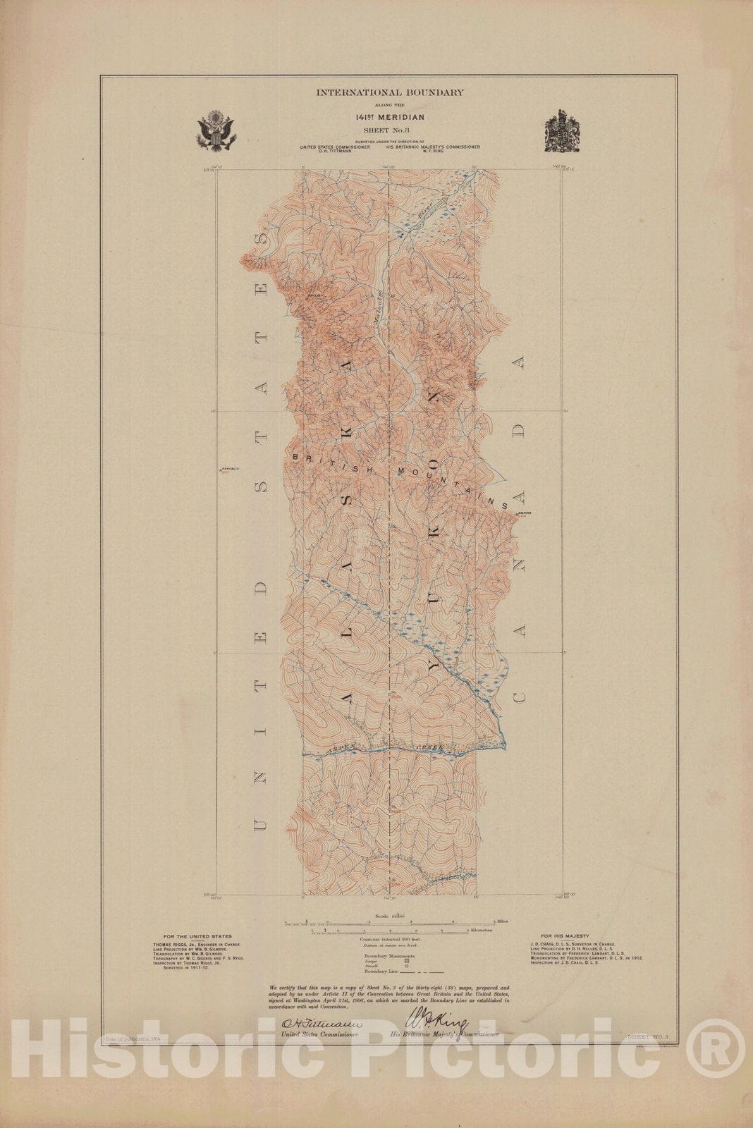 Historic Nautical Map - International Boundary, Along The 141St Meridian, Sheet No. 3, AK, 1914 NOAA Topographic - Vintage Wall Art