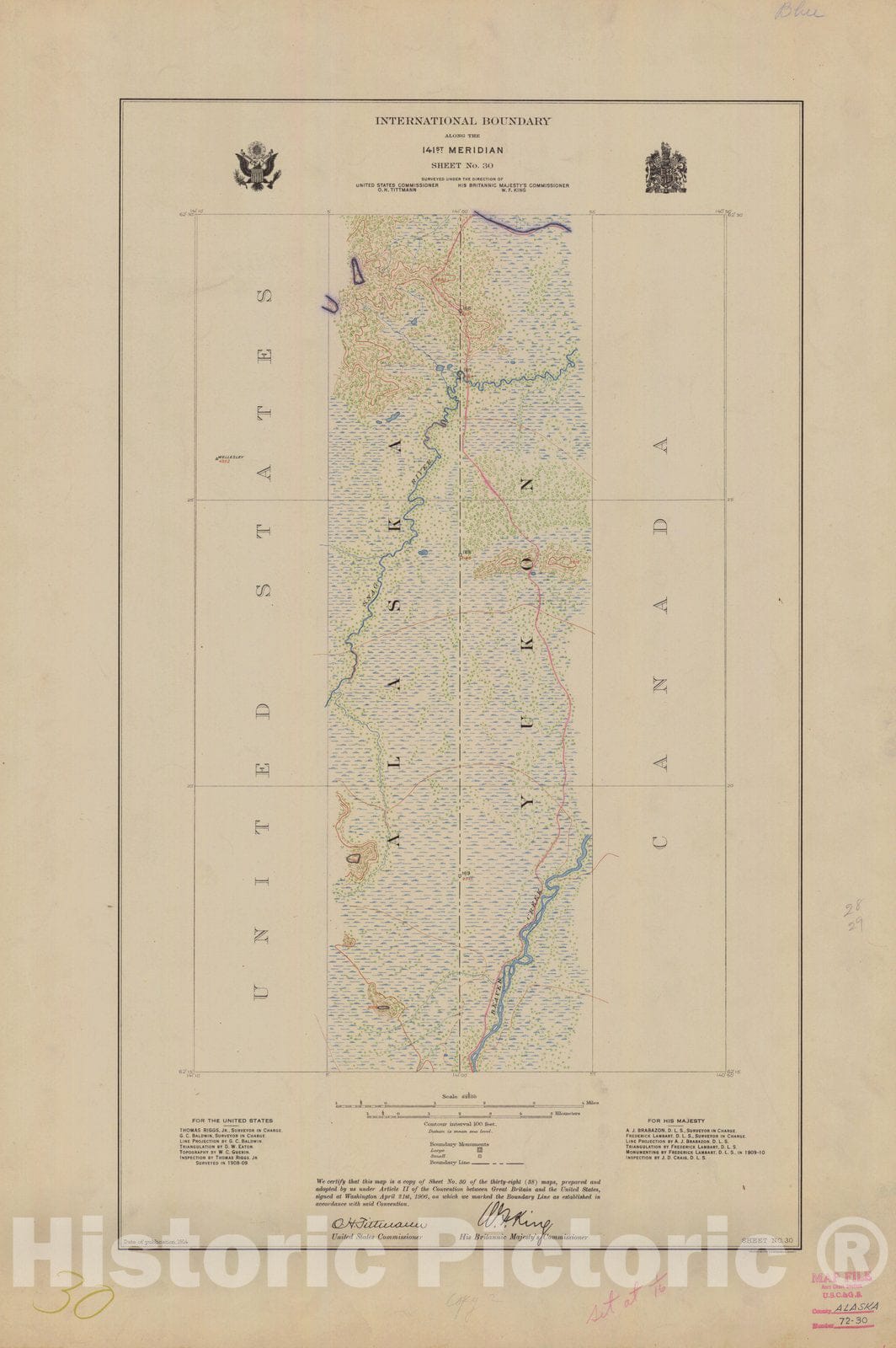 Historic Nautical Map - International Boundary, Along The 141St Meridian, Sheet No.30, AK, 1914 NOAA Topographic - Vintage Wall Art