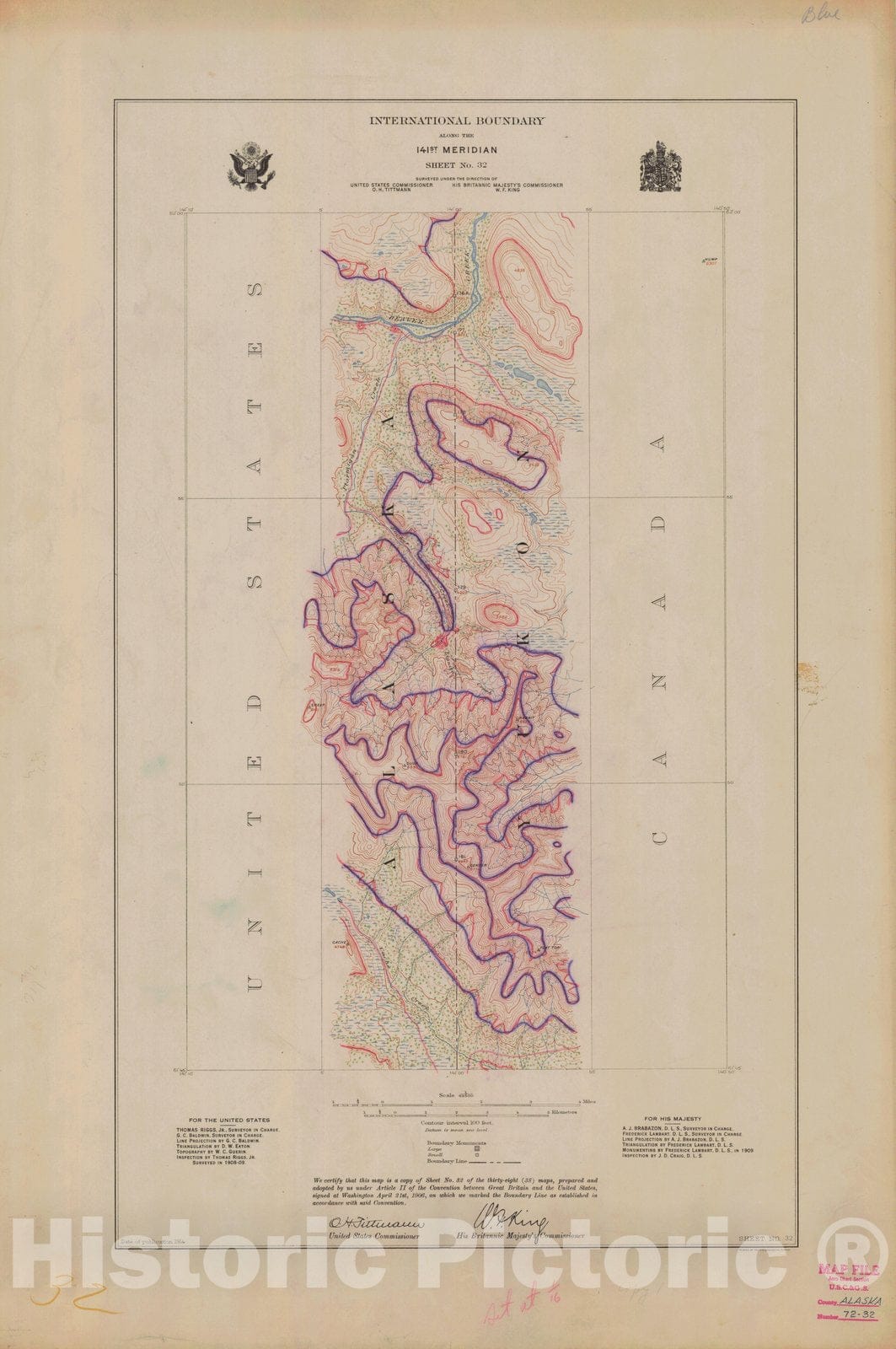 Historic Nautical Map - International Boundary, Along The 141St Meridian, Sheet No.32, AK, 1914 NOAA Topographic - Vintage Wall Art