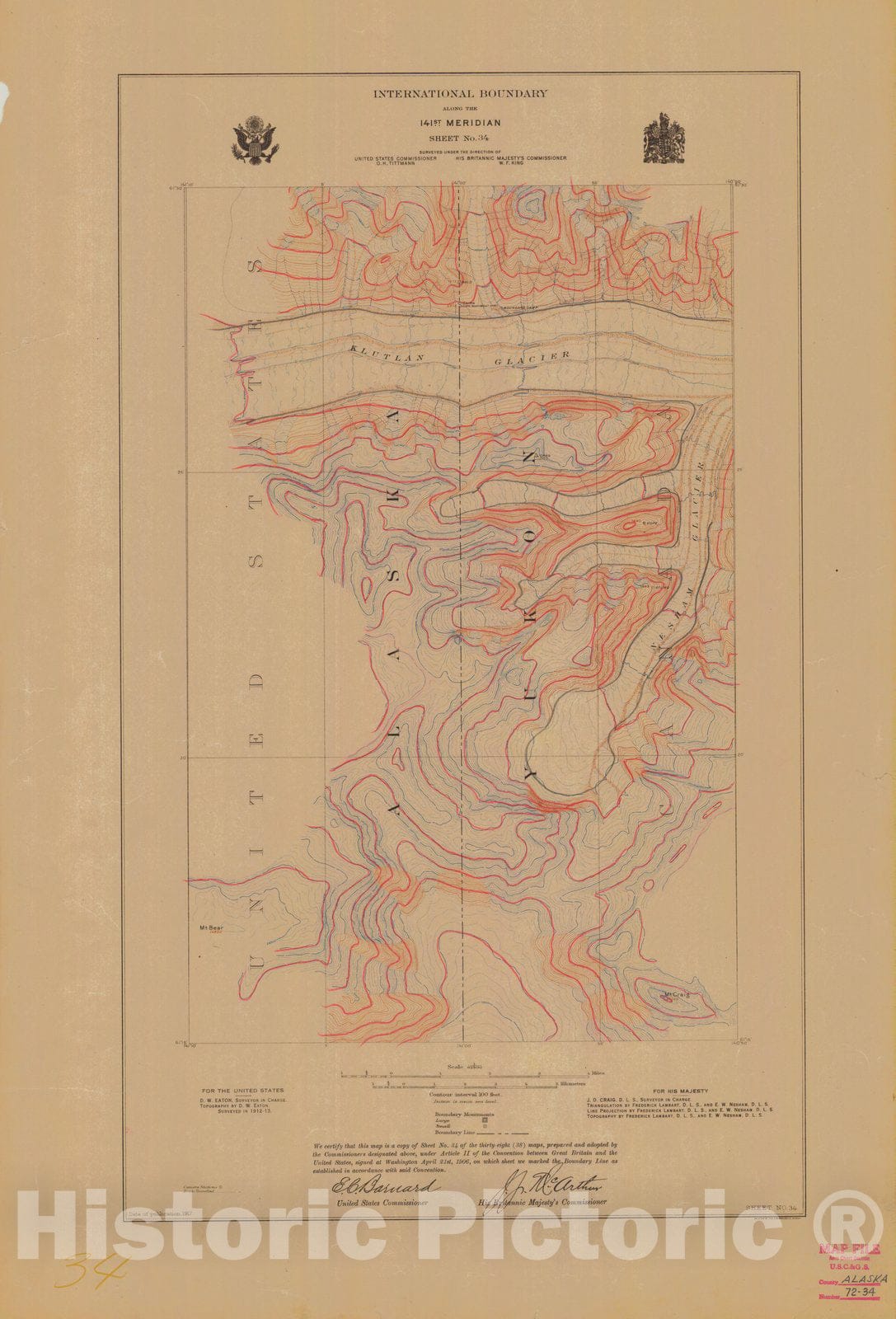 Historic Nautical Map - International Boundary, Along The 141St Meridian, Sheet No.34, AK, 1917 NOAA Topographic - Vintage Wall Art