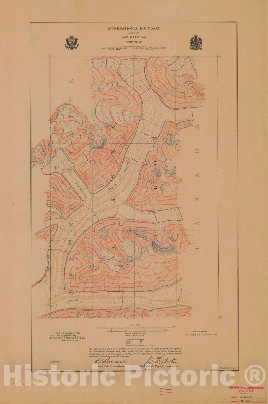 Historic Nautical Map - International Boundary, Along The 141St Meridian, Sheet No.35, AK, 1917 NOAA Topographic - Vintage Wall Art