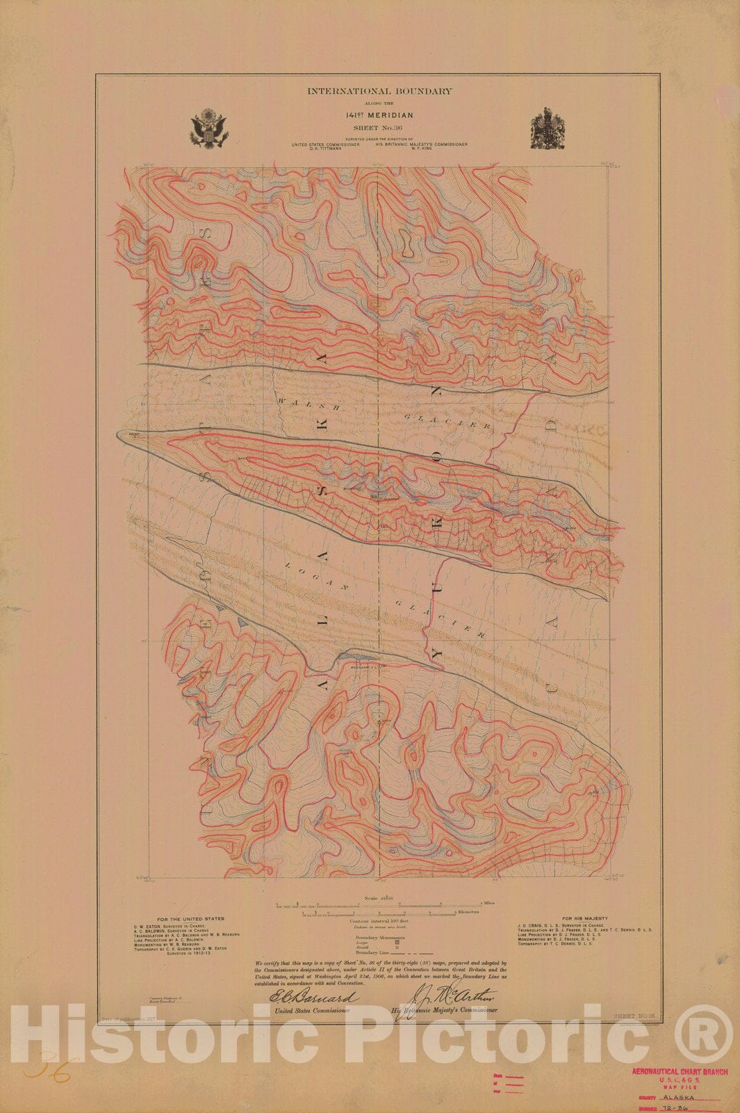 Historic Nautical Map - International Boundary, Along The 141St Meridian, Sheet No.36, AK, 1917 NOAA Topographic - Vintage Wall Art