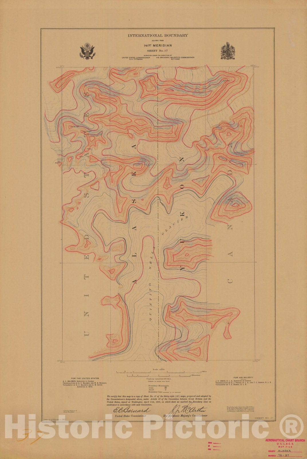 Historic Nautical Map - International Boundary, Along The 141St Meridian, Sheet No.37, AK, 1917 NOAA Topographic - Vintage Wall Art