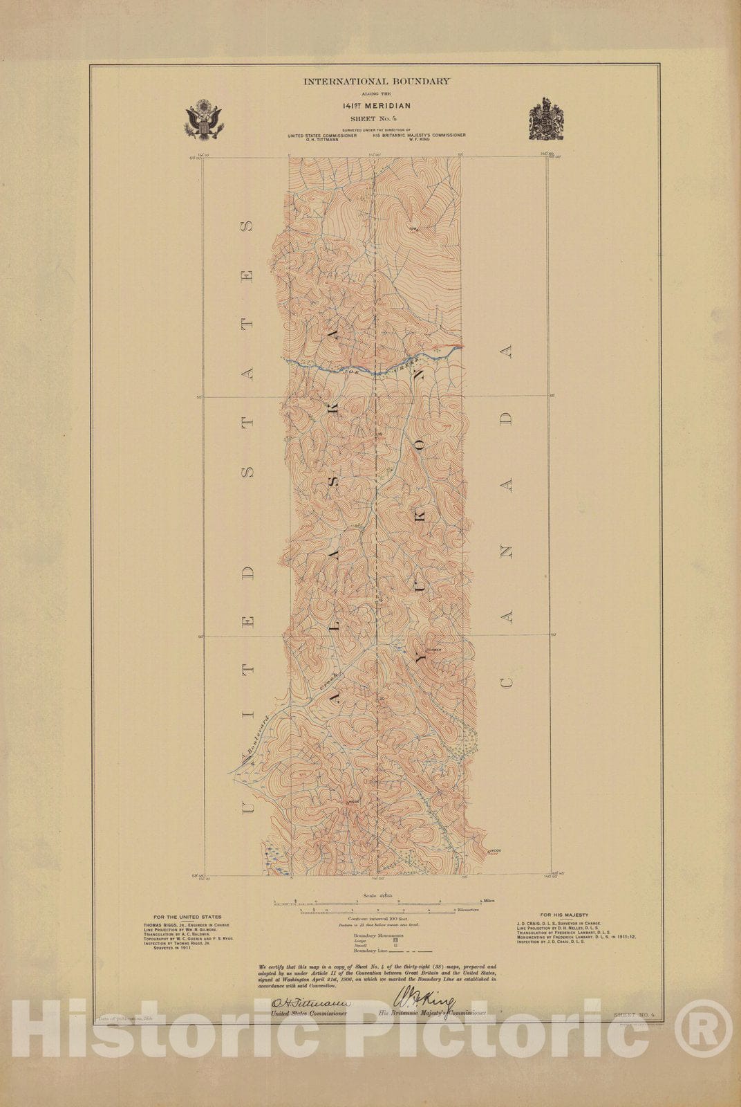 Historic Nautical Map - International Boundary, Along The 141St Meridian, Sheet No. 4, AK, 1914 NOAA Topographic - Vintage Wall Art