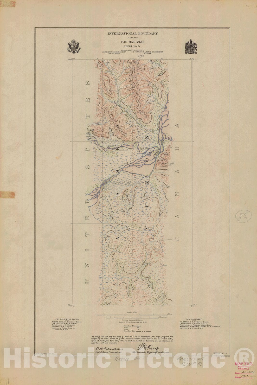 Historic Nautical Map - International Boundary, Along The 141St Meridian, Sheet No. 5, AK, 1914 NOAA Topographic - Vintage Wall Art