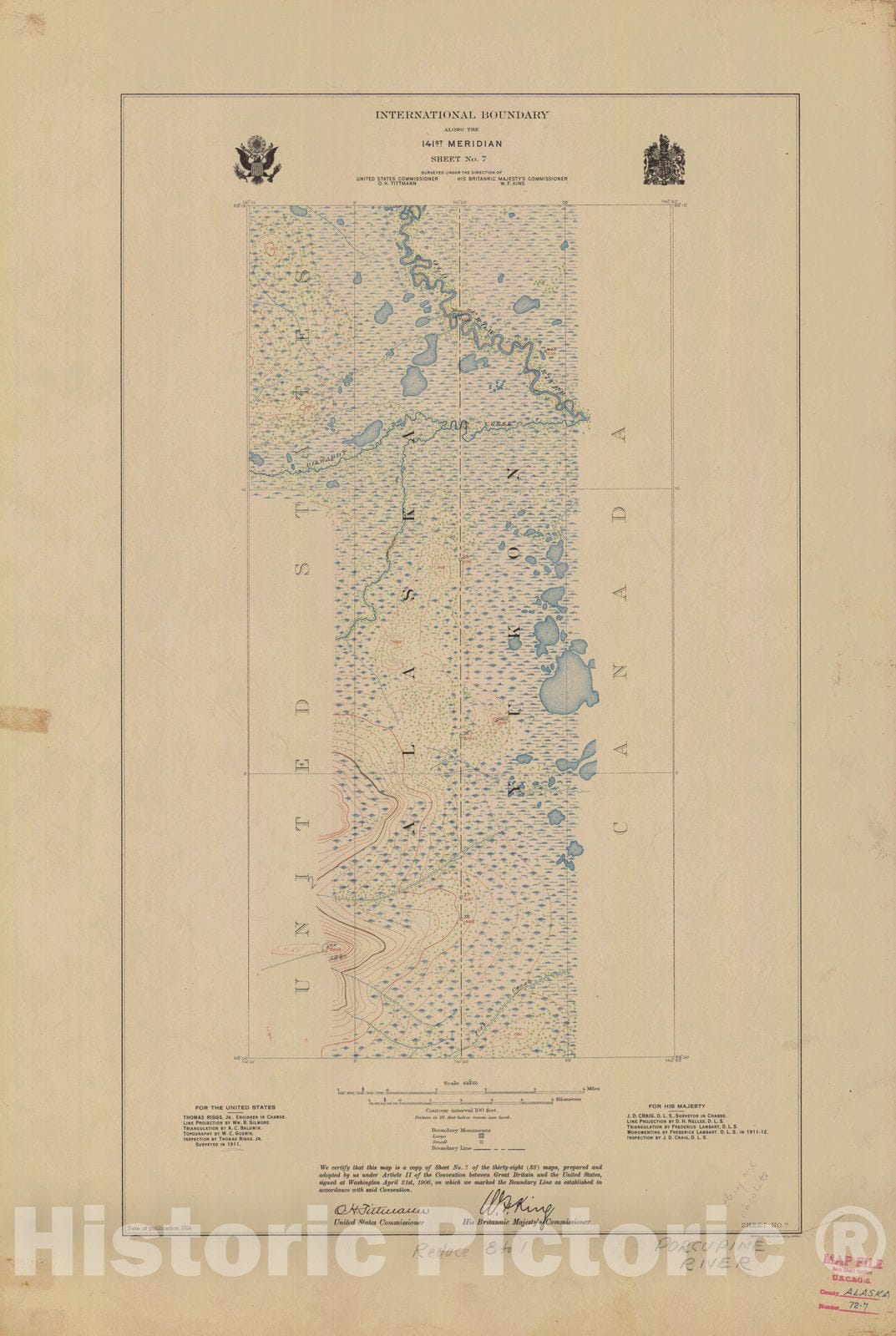 Historic Nautical Map - International Boundary, Along The 141St Meridian, Sheet No. 7, AK, 1914 NOAA Topographic - Vintage Wall Art