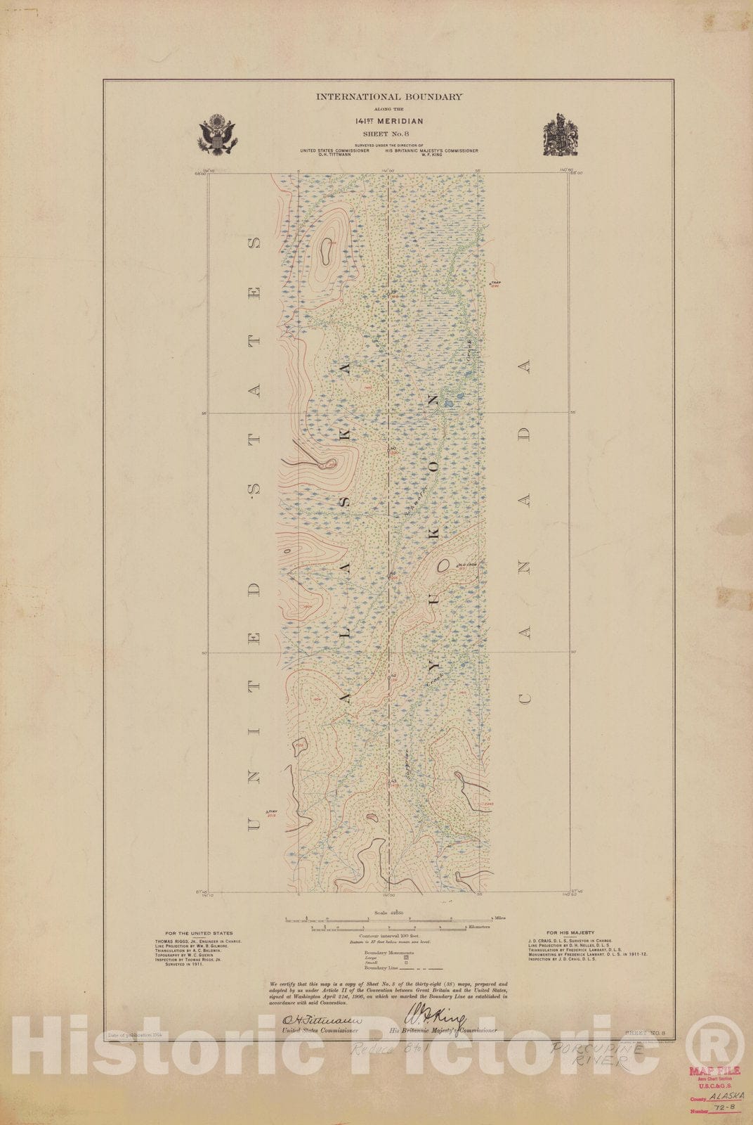 Historic Nautical Map - International Boundary, Along The 141St Meridian, Sheet No. 8, AK, 1914 NOAA Topographic - Vintage Wall Art