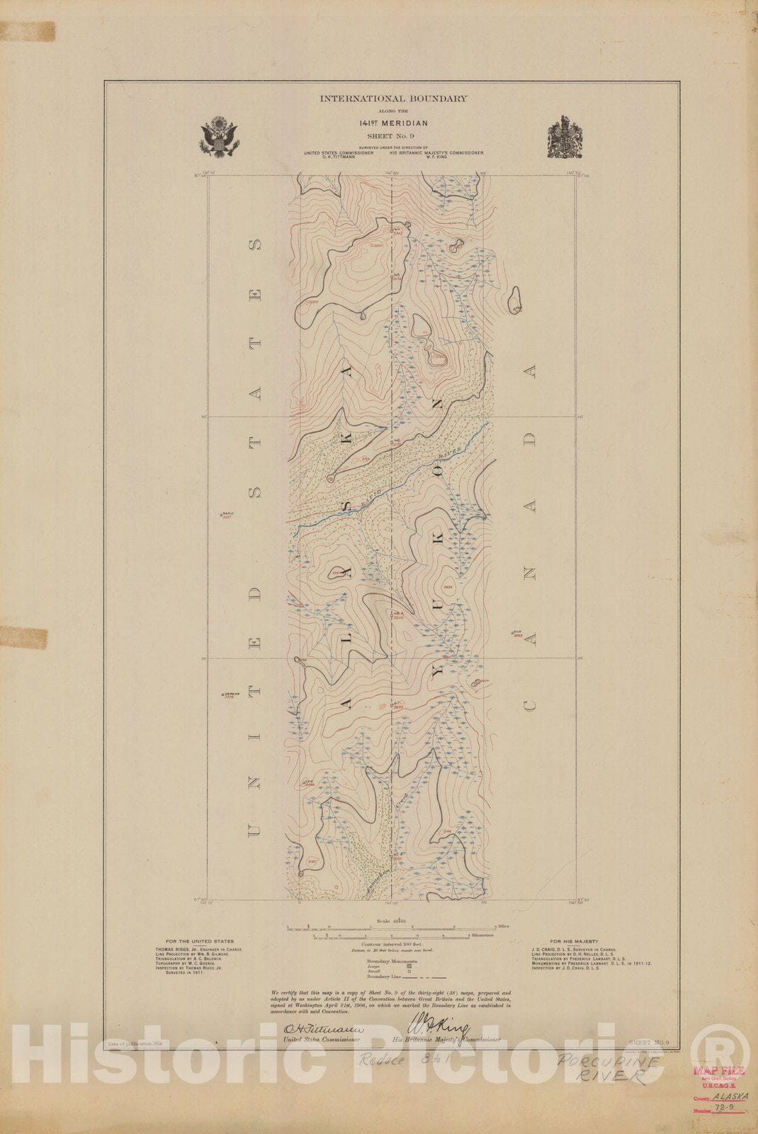 Historic Nautical Map - International Boundary, Along The 141St Meridian, Sheet No. 9, AK, 1914 NOAA Topographic - Vintage Wall Art