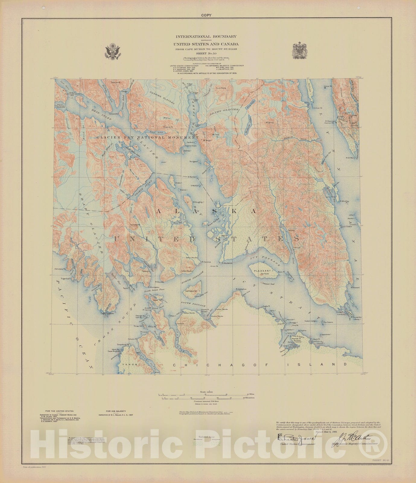 Historic Nautical Map - International Boundary, From Cape Muzon To Mount St. Elians, Sheet No .10, AK, 1923 NOAA Topographic - Vintage Wall Art