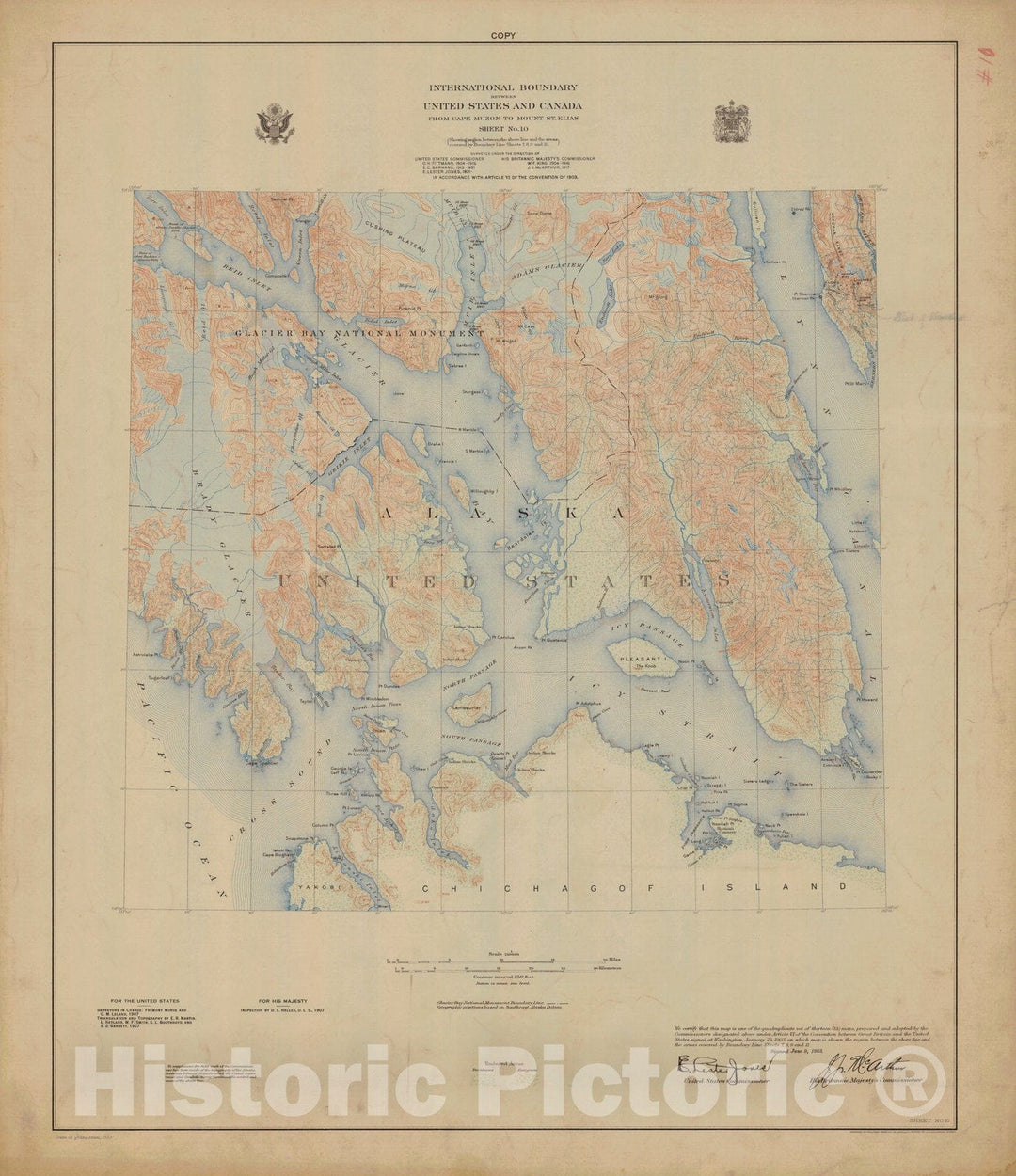 Historic Nautical Map - International Boundary, From Cape Muzon To Mount St. Elians, Sheet No. 10, AK, 1923 NOAA Topographic - Vintage Wall Art, v2