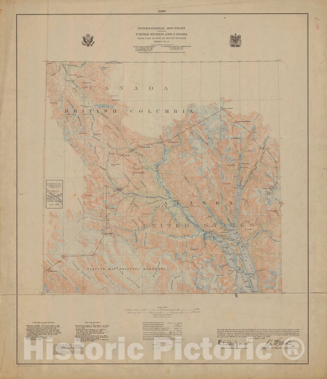 Historic Nautical Map - International Boundary, From Cape Muzon To Mount St. Elians, Sheet No. 10, AK, 1923 NOAA Topographic - Vintage Wall Art