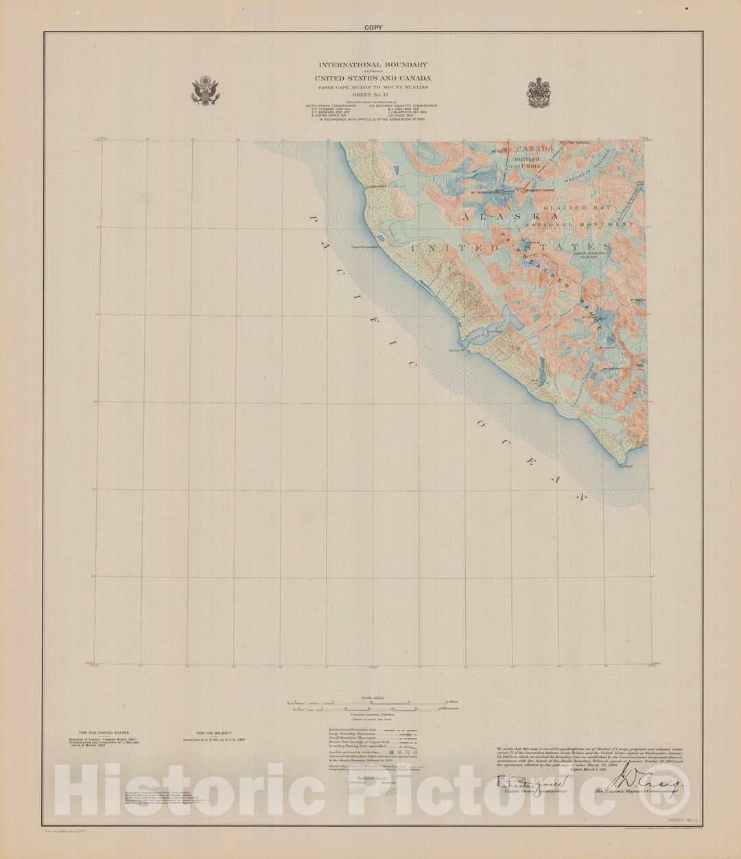 Historic Nautical Map - International Boundary, From Cape Muzon To Mount St. Elians, Sheet No .11, AK, 1928 NOAA Topographic - Vintage Wall Art