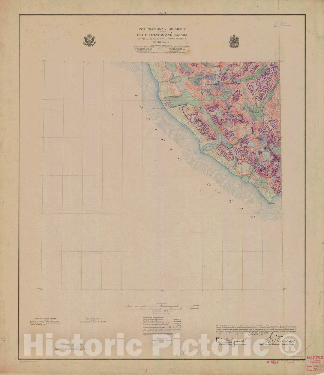 Historic Nautical Map - International Boundary, From Cape Muzon To Mount St. Elians, Sheet No. 11, AK, 1928 NOAA Topographic - Vintage Wall Art