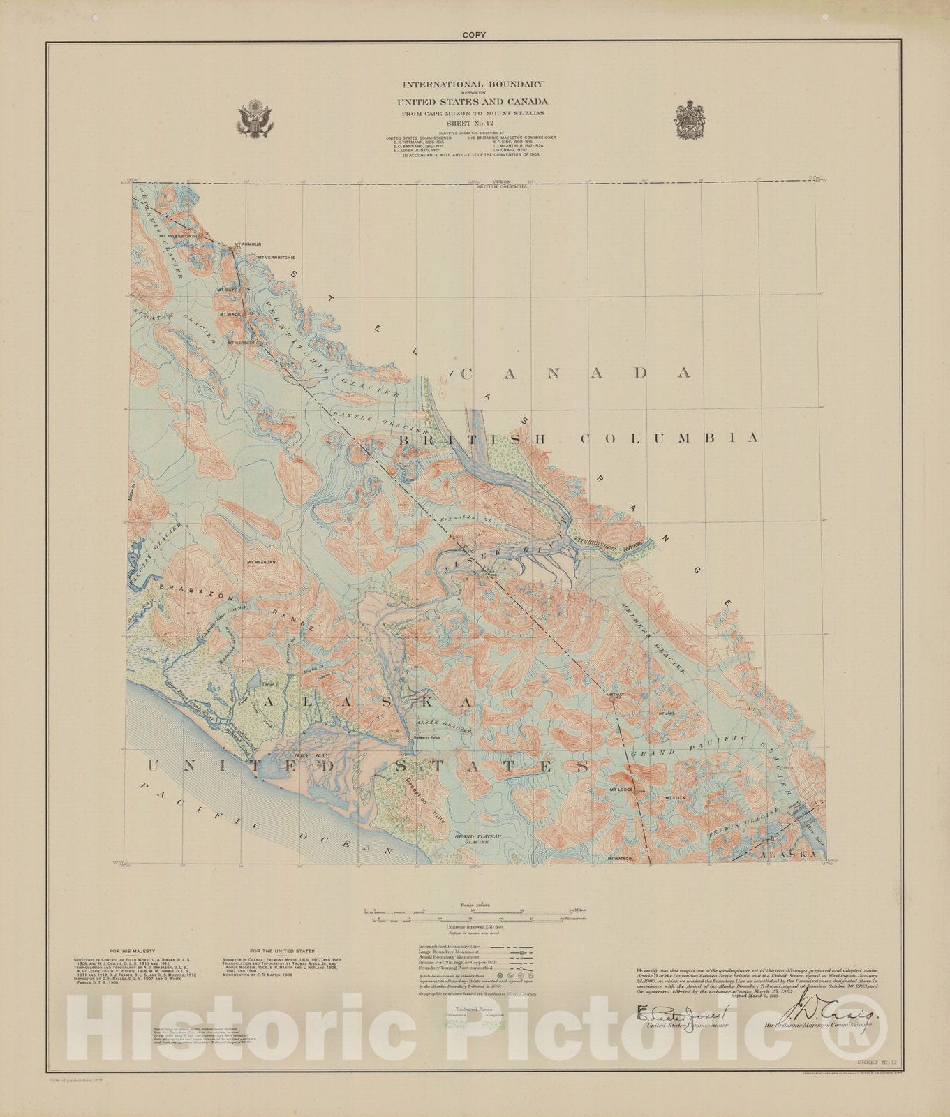 Historic Nautical Map - International Boundary, From Cape Muzon To Mount St. Elians, Sheet No .12, AK, 1928 NOAA Topographic - Vintage Wall Art