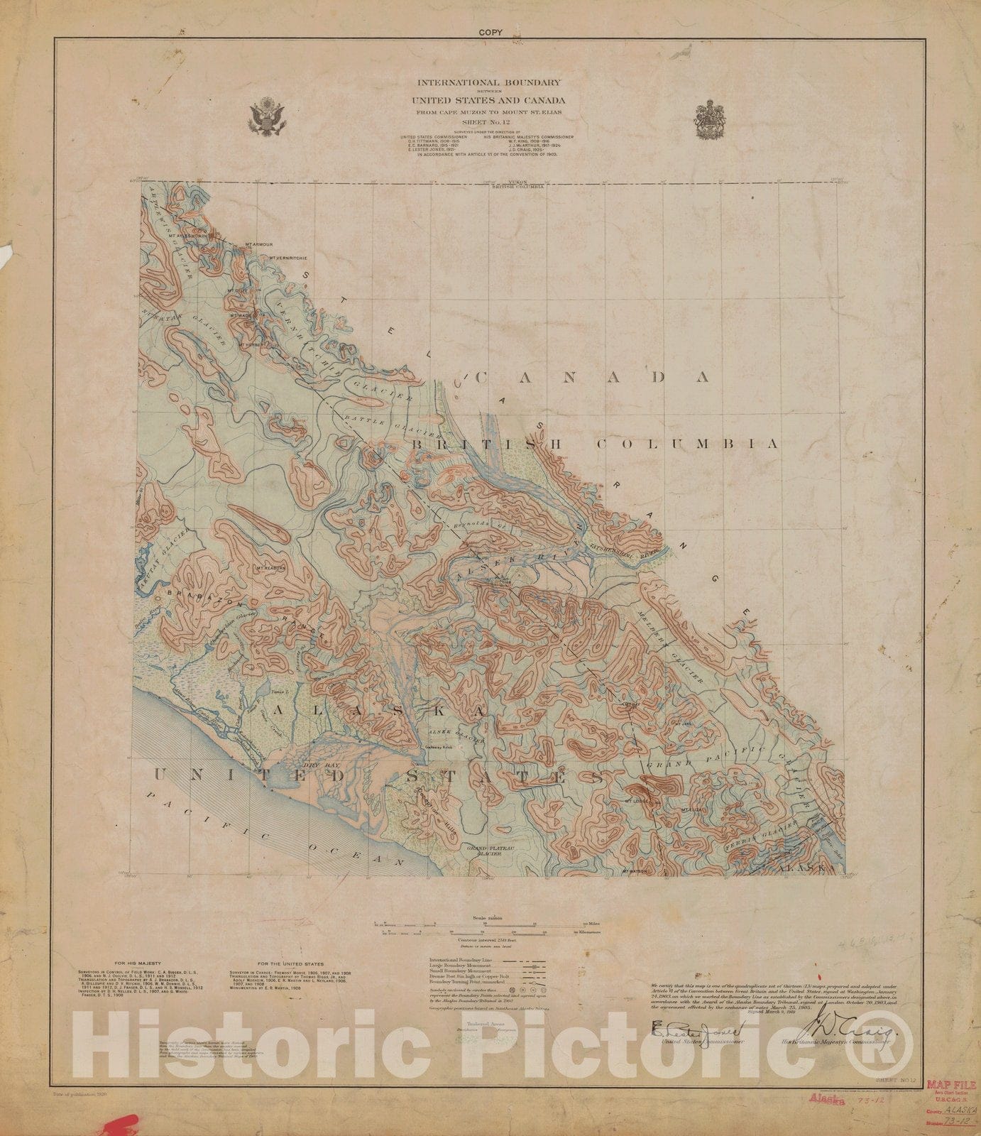 Historic Nautical Map - International Boundary, From Cape Muzon To Mount St. Elians, Sheet No. 12, AK, 1928 NOAA Topographic - Vintage Wall Art