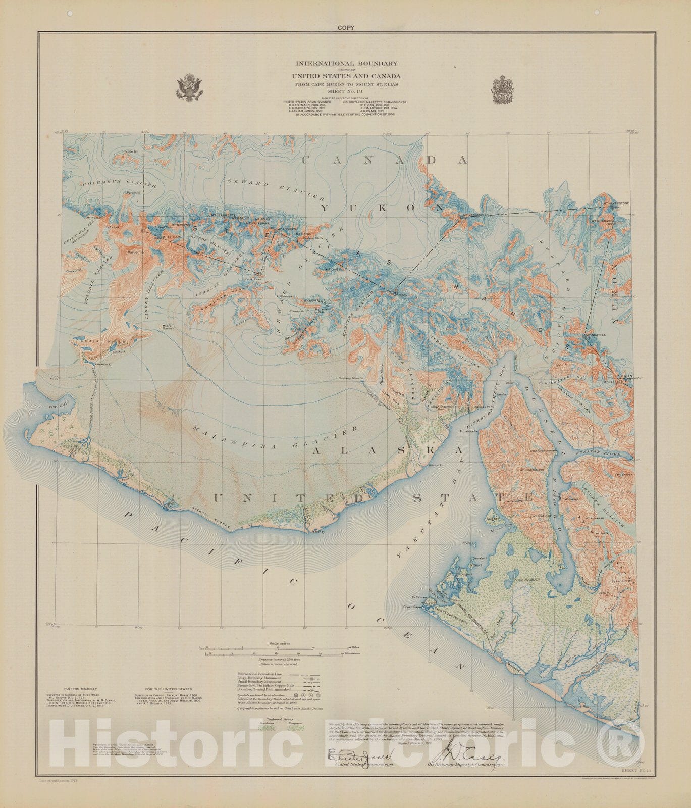 Historic Nautical Map - International Boundary, From Cape Muzon To Mount St. Elians, Sheet No .13, AK, 1928 NOAA Topographic - Vintage Wall Art