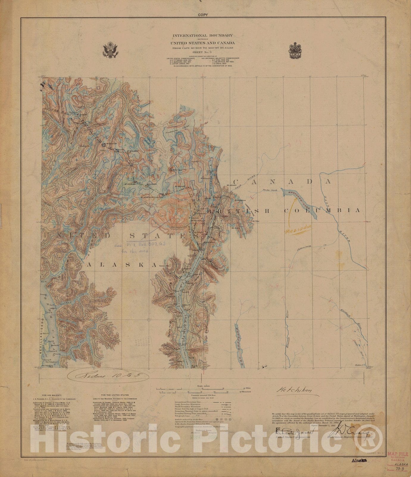 Historic Nautical Map - International Boundary, From Cape Muzon To Mount St. Elians, Sheet No .3, AK, 1927 NOAA Topographic - Vintage Wall Art