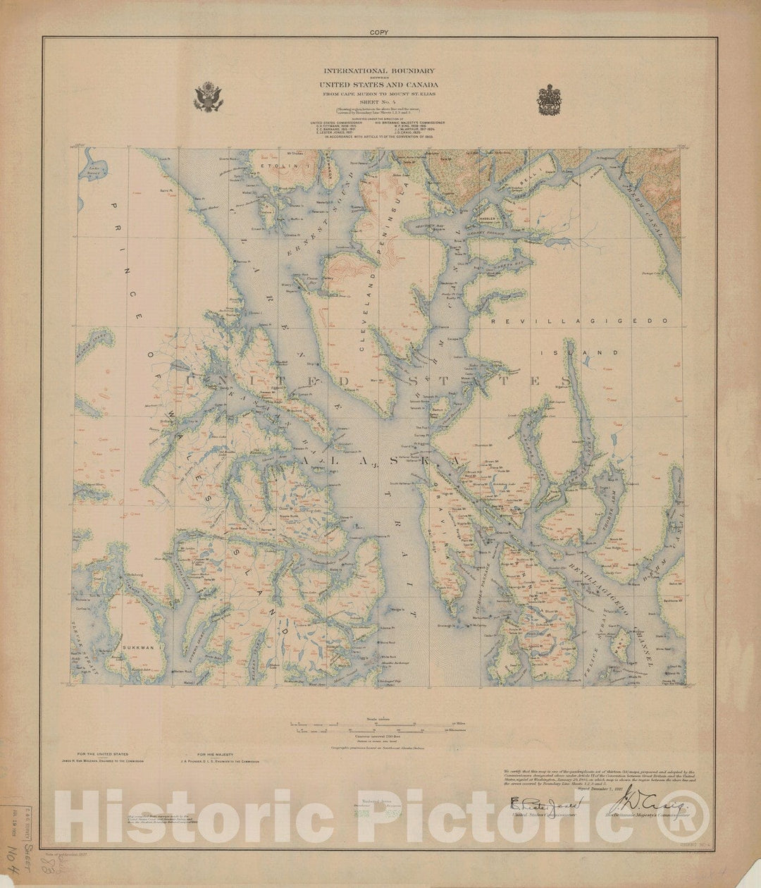 Historic Nautical Map - International Boundary, From Cape Muzon To Mount St. Elians, Sheet No. 4, AK, 1927 NOAA Topographic - Vintage Wall Art, v2