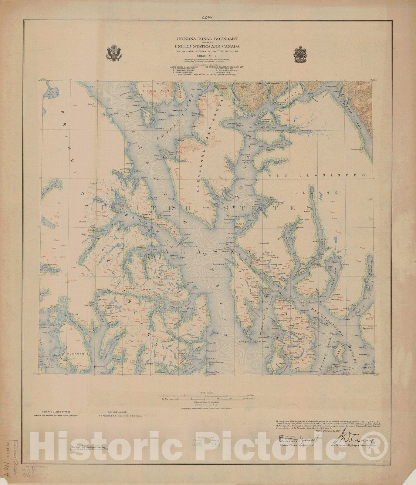 Historic Nautical Map - International Boundary, From Cape Muzon To Mount St. Elians, Sheet No. 4, AK, 1927 NOAA Topographic - Vintage Wall Art, v2