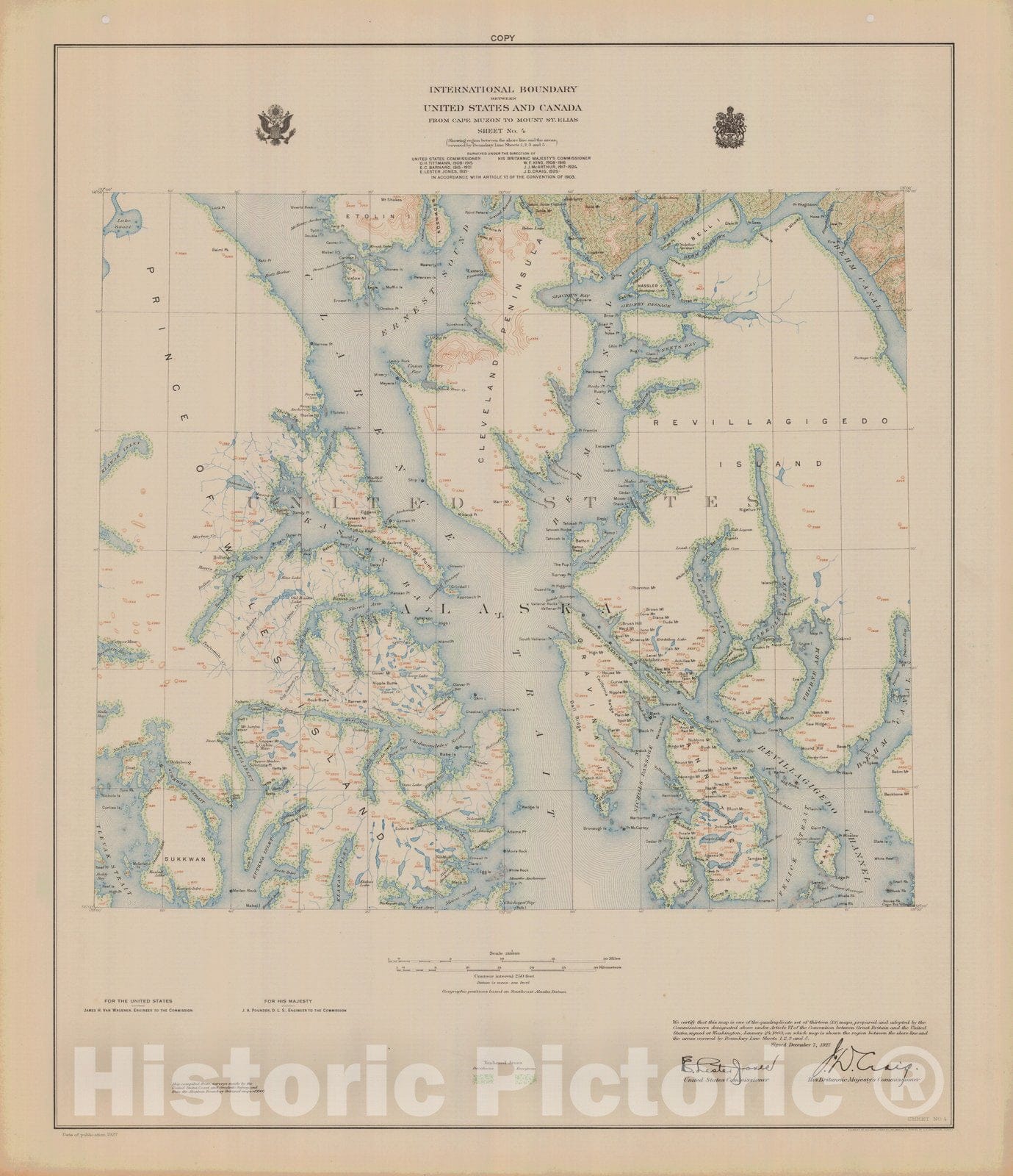 Historic Nautical Map - International Boundary, From Cape Muzon To Mount St. Elians, Sheet No. 4, AK, 1927 NOAA Topographic - Vintage Wall Art