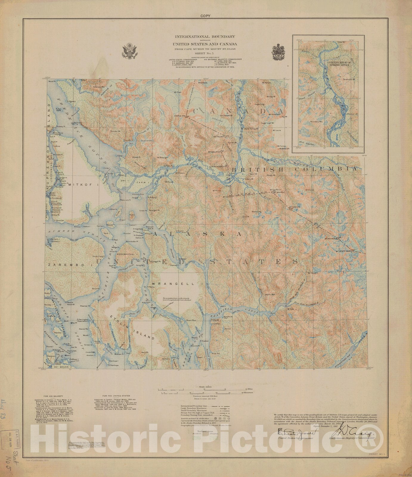 Historic Nautical Map - International Boundary, From Cape Muzon To Mount St. Elians, Sheet No. 5, AK, 1927 NOAA Topographic - Vintage Wall Art