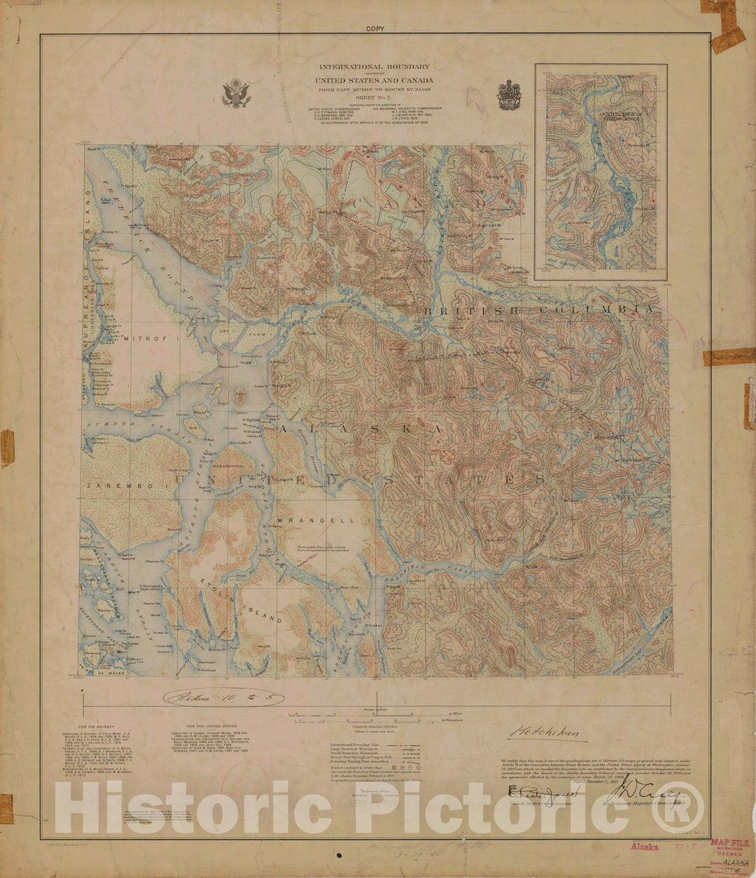 Historic Nautical Map - International Boundary, From Cape Muzon To Mount St. Elians, Sheet No .5, AK, 1927 NOAA Topographic - Vintage Wall Art