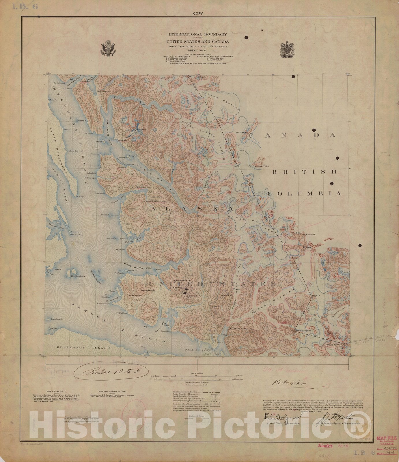 Historic Nautical Map - International Boundary, From Cape Muzon To Mount St. Elians, Sheet No. 6, AK, 1923 NOAA Topographic - Vintage Wall Art