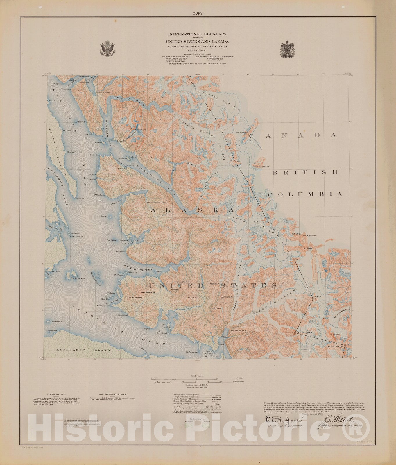 Historic Nautical Map - International Boundary, From Cape Muzon To Mount St. Elians, Sheet No .6, AK, 1923 NOAA Topographic - Vintage Wall Art