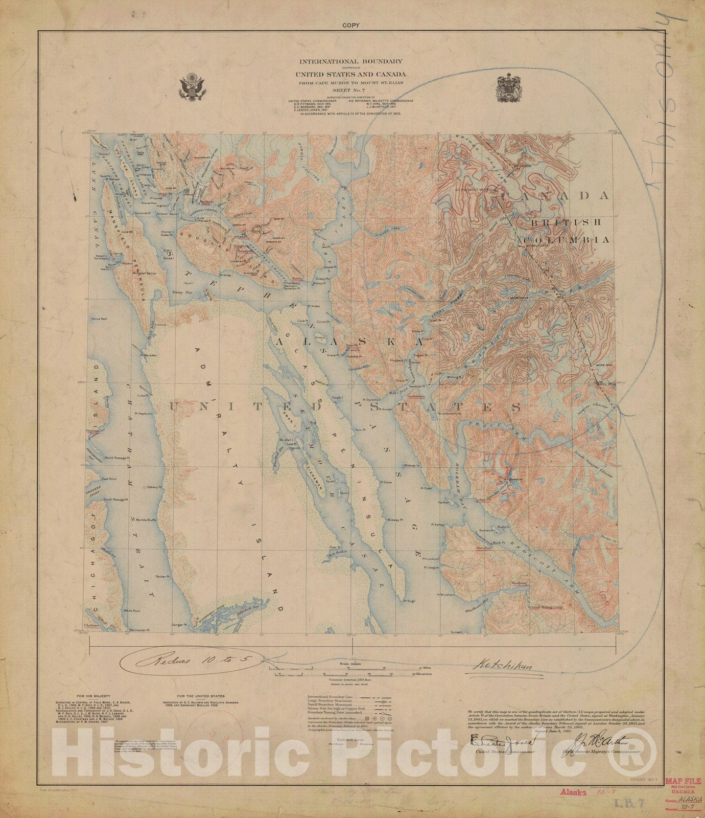 Historic Nautical Map - International Boundary, From Cape Muzon To Mount St. Elians, Sheet No. 7, AK, 1923 NOAA Topographic - Vintage Wall Art, v2