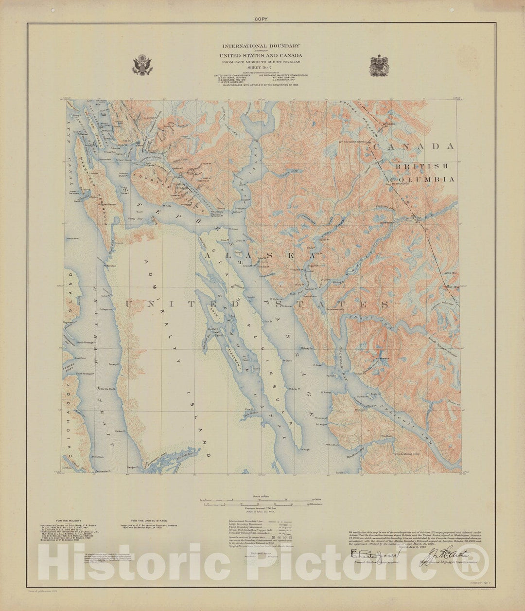 Historic Nautical Map - International Boundary, From Cape Muzon To Mount St. Elians, Sheet No. 7, AK, 1923 NOAA Topographic - Vintage Wall Art