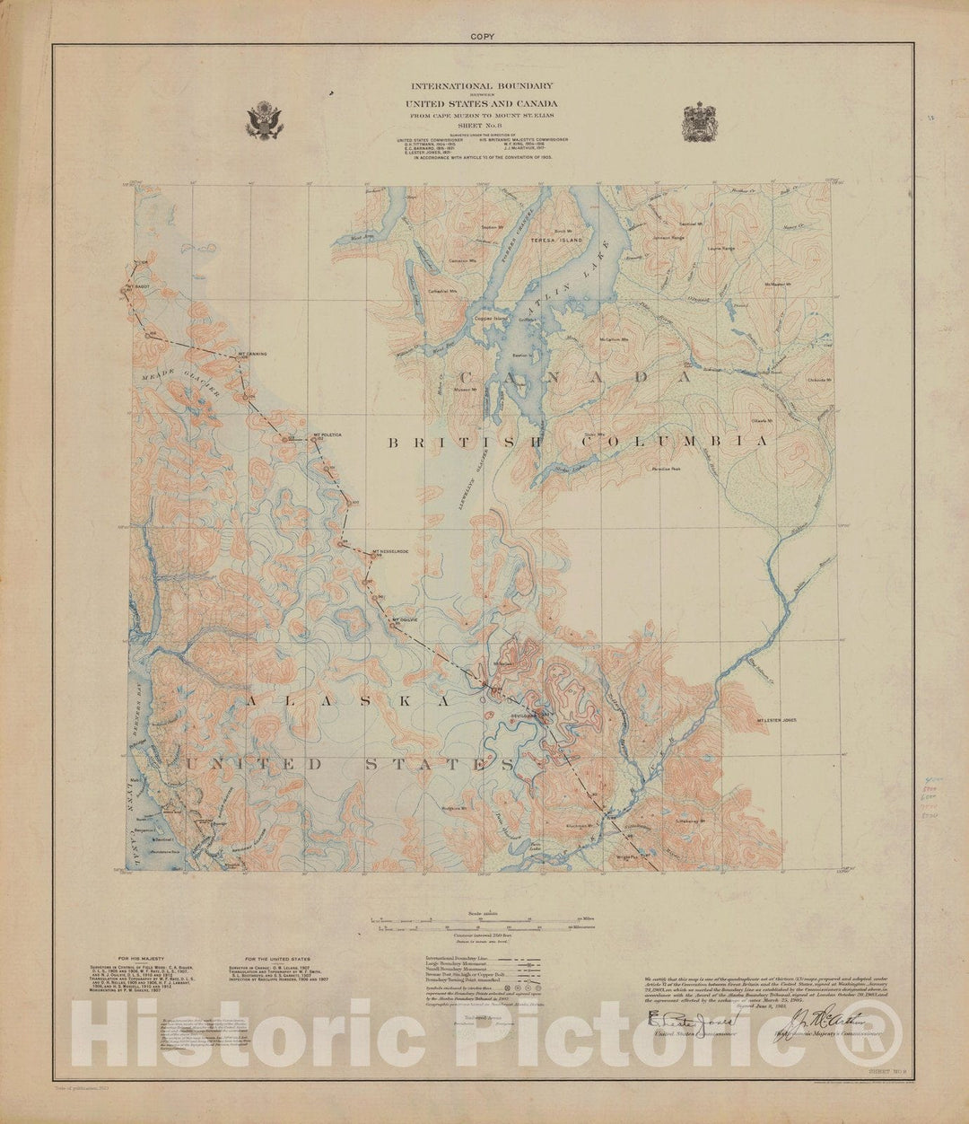 Historic Nautical Map - International Boundary, From Cape Muzon To Mount St. Elians, Sheet No. 8, AK, 1923 NOAA Topographic - Vintage Wall Art