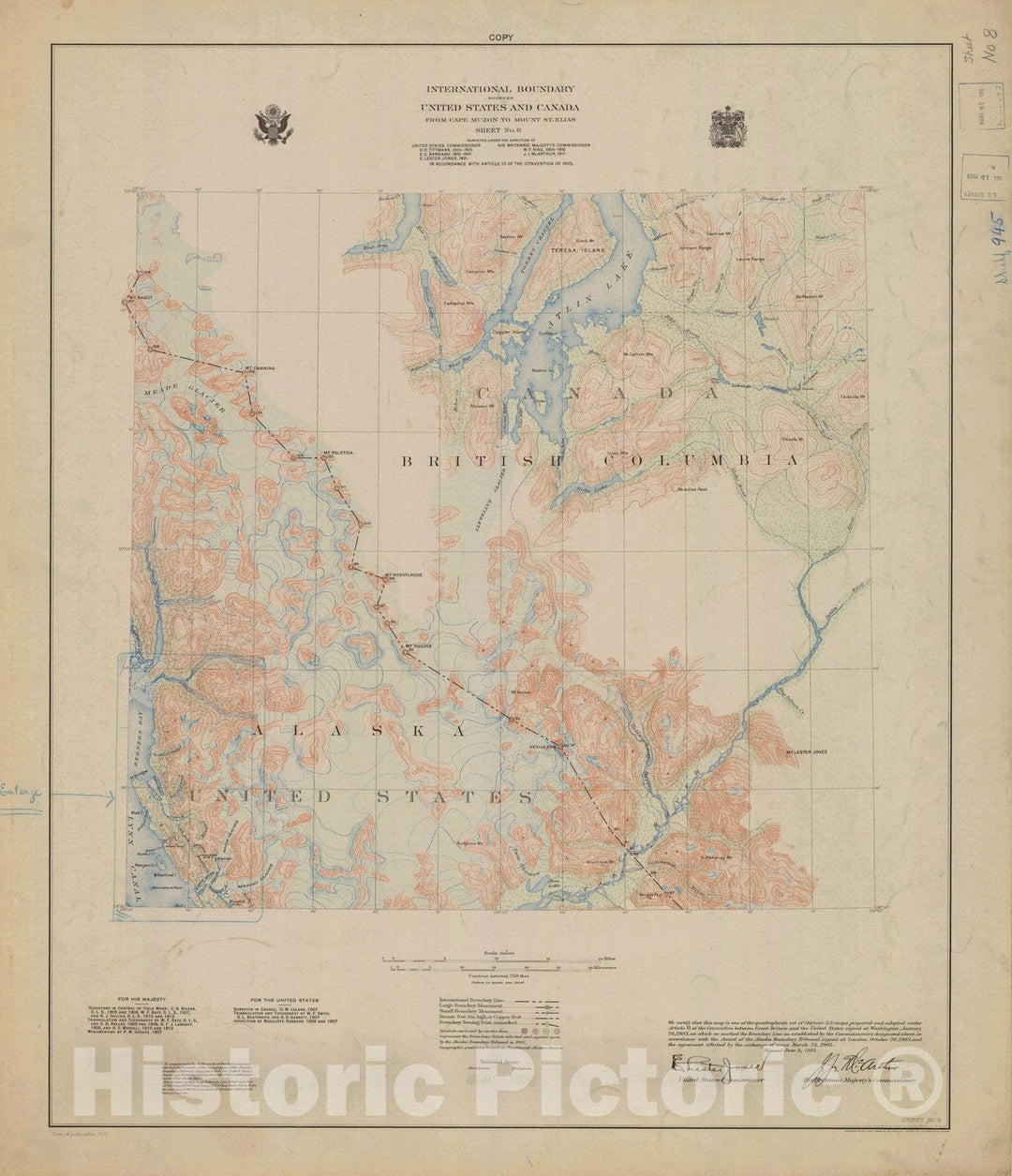 Historic Nautical Map - International Boundary, From Cape Muzon To Mount St. Elians, Sheet No.8, AK, 1923 NOAA Topographic - Vintage Wall Art, v2