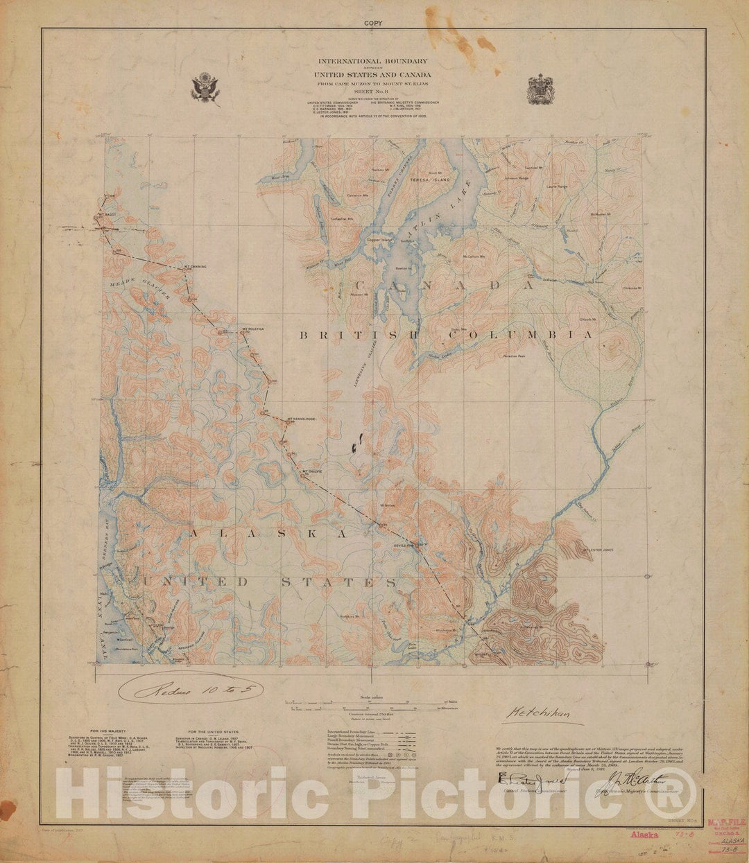 Historic Nautical Map - International Boundary, From Cape Muzon To Mount St. Elians, Sheet No.8, AK, 1923 NOAA Topographic - Vintage Wall Art