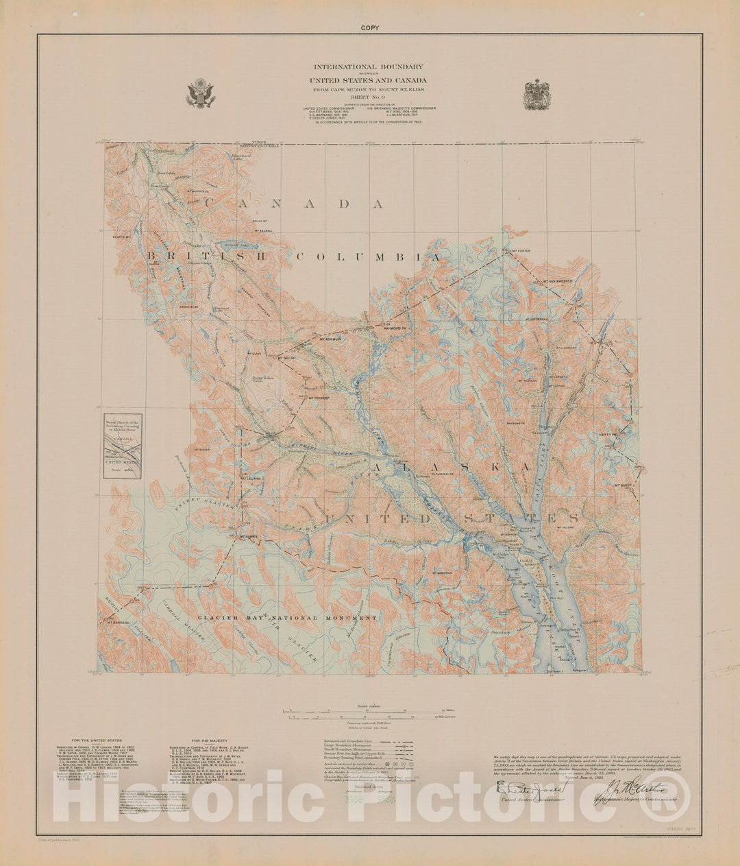 Historic Nautical Map - International Boundary, From Cape Muzon To Mount St. Elians, Sheet No .9, AK, 1923 NOAA Topographic - Vintage Wall Art