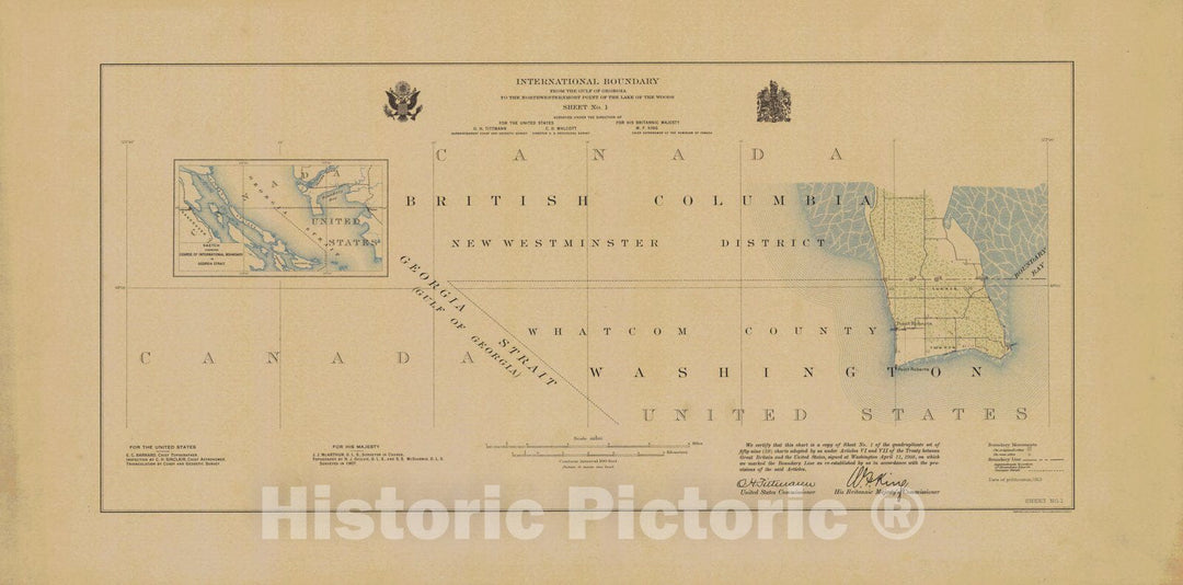 Historic Nautical Map - International Boundary, From The Gulf Of Georgia To The Northwestern Point Of The Lake To The Woods, Sheet No.1, WA, 1913 NOAA Topographic - Decor Poster Wall Art Reproduction - 0