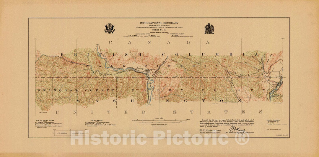 Historic Nautical Map - International Boundary, From The Gulf Of Georgia To The Northwestern Point Of The Lake To The Woods, Sheet No.10, WA, 1913 NOAA Topographic - Poster Wall Art Reproduction - 0